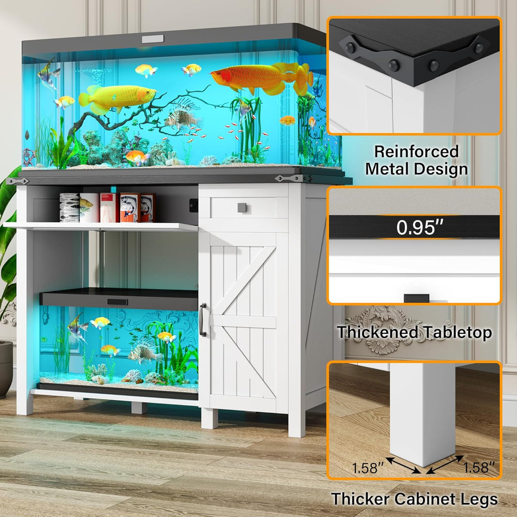 40 Gallon Fish Tank Stand with Power Outlets, Farmhouse Decorative Aquarium Stand Furniture with Adjustable Shelves and Storage Drawer, 30-40 Gallon Reptile Turtle Tank Stand(White, 30-40GL)