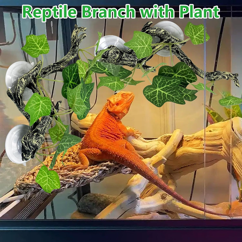 kathson 4 PCS Reptile Corner Branch Resin Snake Climb Tree Branch Decor Reptile Branches for Climbing with Suction Cups Frog Terrarium Plants for Lizard Bearded Dragons Gecko