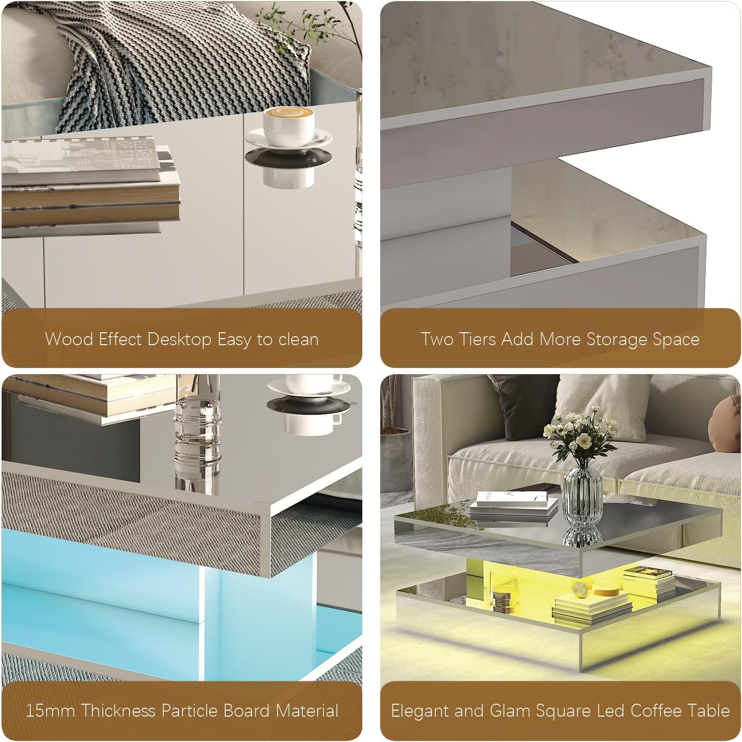 LED Coffee Table with Lights for Living Room Modern Mid Century Square Small Center Table with Storage Shelf Mirror Effect 2-Tier Apartment Office Bedroom Waiting Room Reception, Pet