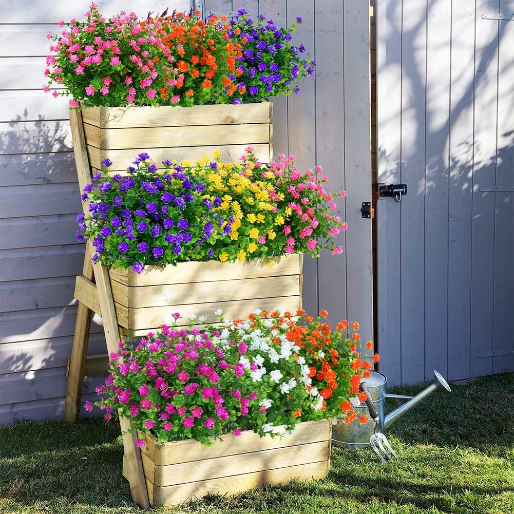 24 Bundles Outdoor Artificial Flowers UV Resistant Fake Boxwood Plants, Faux Greenery for Indoor Outside Hanging Plants Garden Porch Window Box Home Wedding Farmhouse Décor (Mix Color)