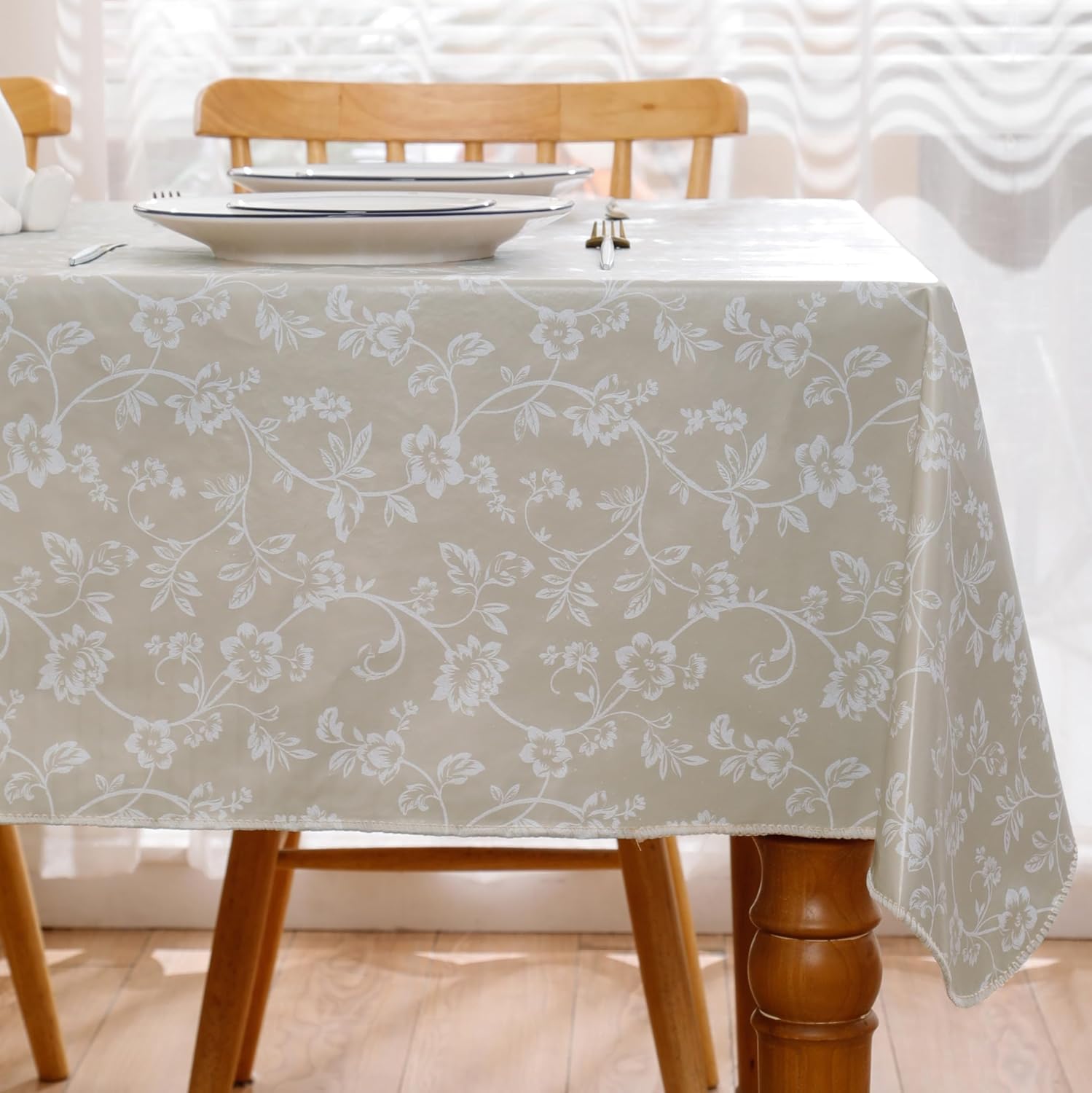 Heavy Duty Vinyl Tablecloth with Flannel Backing Waterproof Oil-Proof Plastic Table Cloth Stain-Resistant Wipeable Rectangle or Square Table Cover for Indoor and Outdoor (Beige Floral,54x54 Inch)