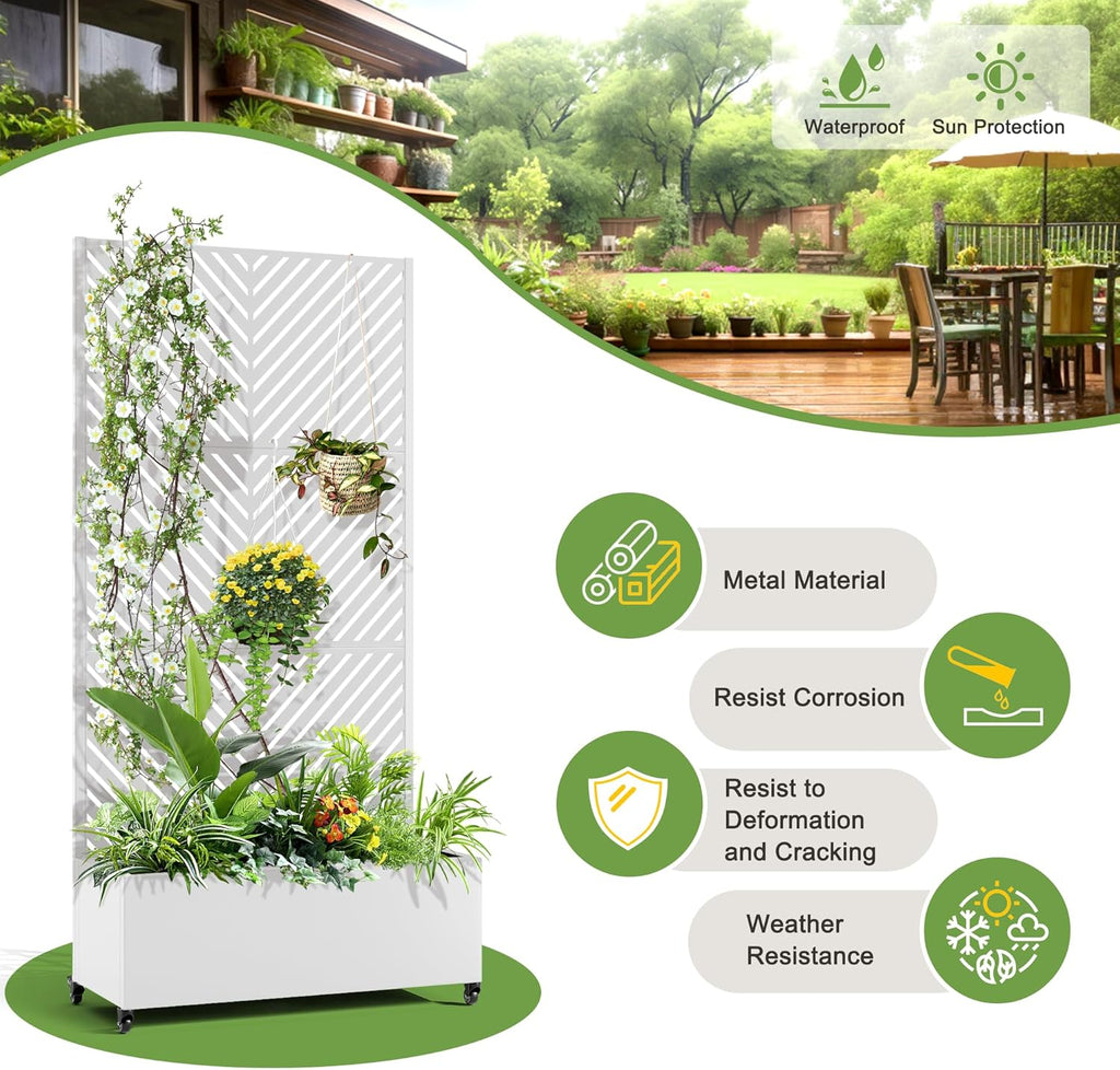 FENCY Metal Raised Garden Bed with Wheels and Trellis,73"x35"x16" Planter Box for Climbing Plants, Vegetables & Vines, Features Privacy Screen and Drainage Holes (White-Arrow)