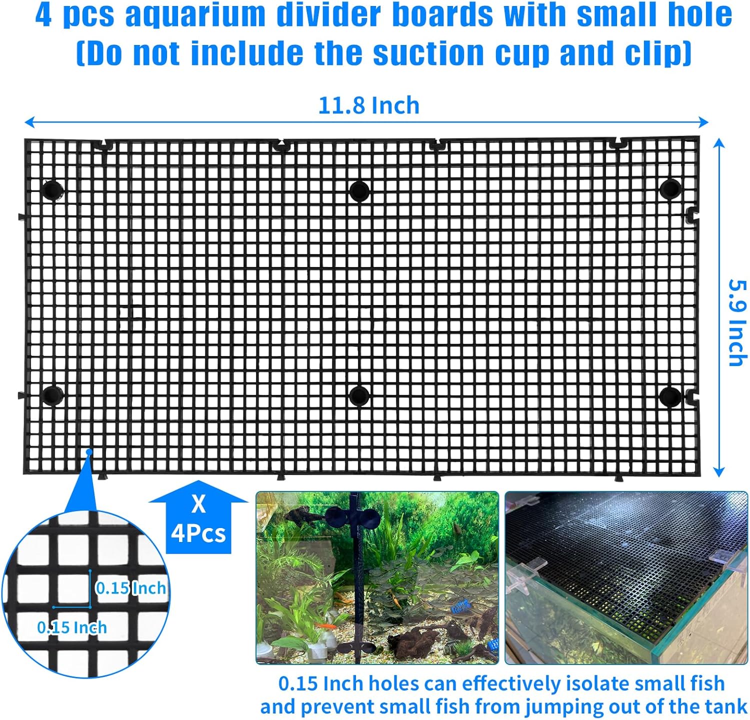 Adjustable Platic Grip Panel Aquarium Fish Tank Divider Filter Bottom DIY Plastic Grid Fish Tank Isolation Board Plastic Egg Crate Tray (Black, 4pcs 11.8X5.9 Inch with 0.15 Inch Hole)