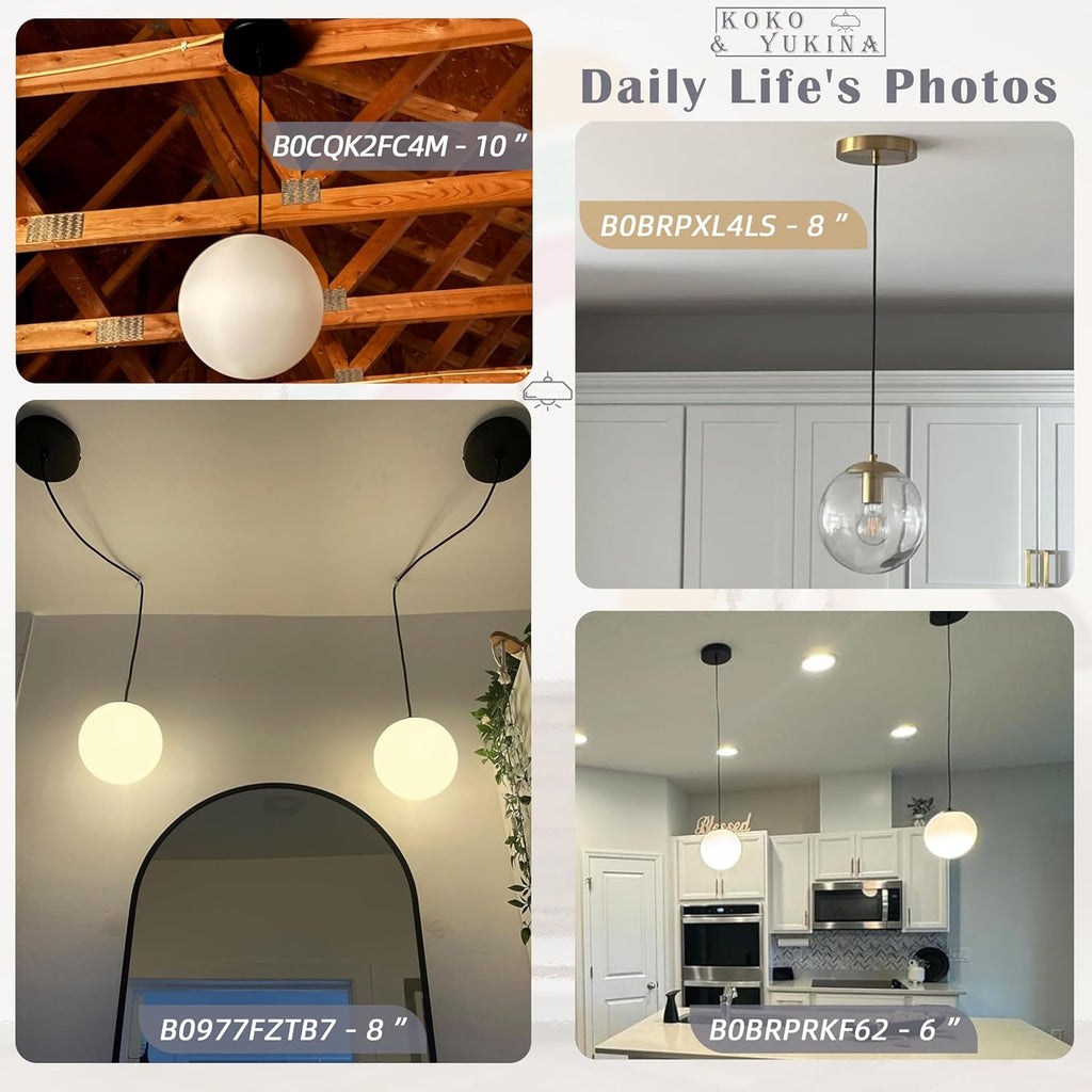 KoKo&Yukina 6-inch mini Modern Globe Pendant Light Opal Glass with Black Finish Contemporary Mid Century Adjustable Hanging Light Fixture for Living Room Bedroom Kitchen (Bulb Incl.)