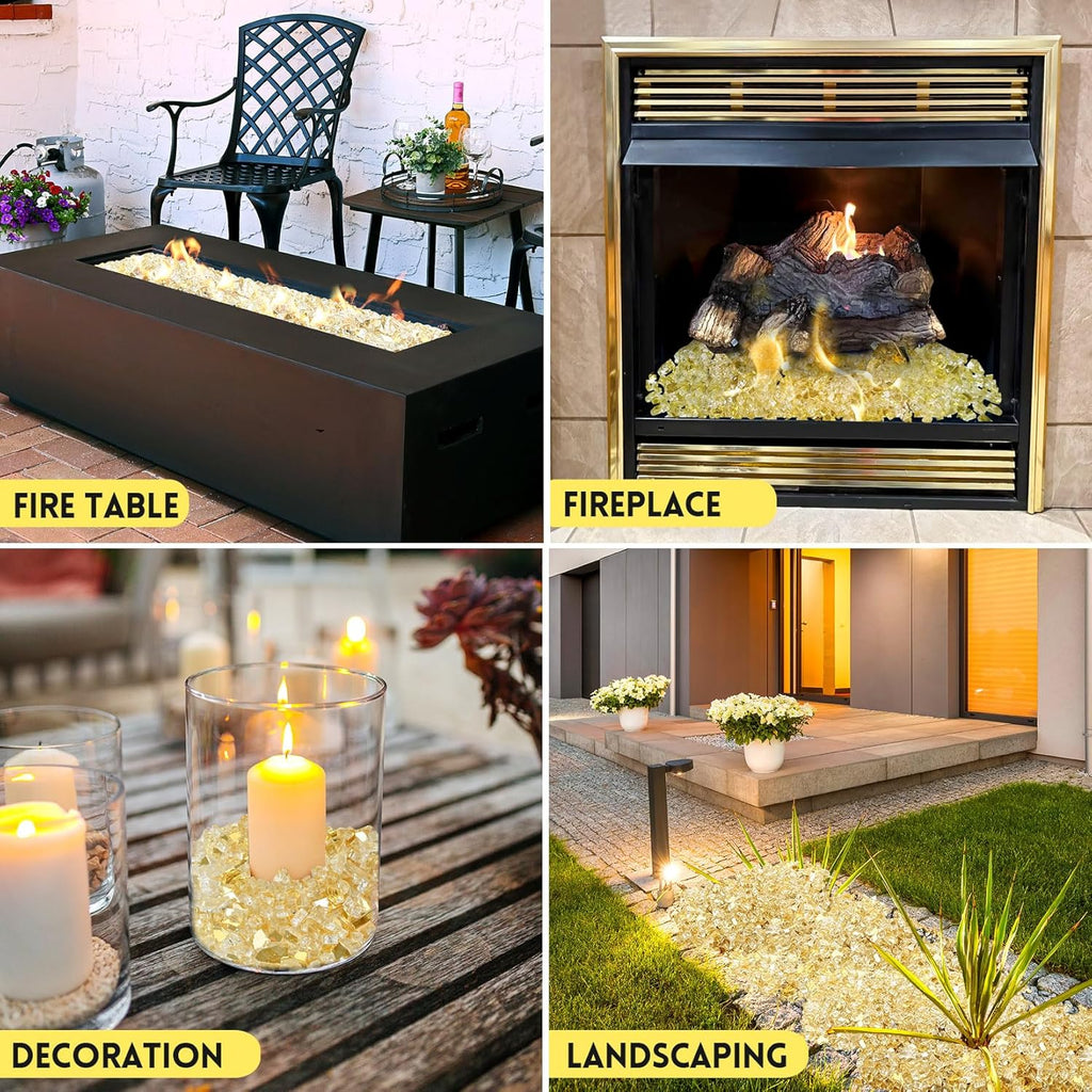 GasSaf 1/4 Inch Fire Glass Reflective Tempered Fireglass Cut Crushed FireGlass for Fire Pit, Fireplace, Replaces Existing Gas Logs & Lava Rocks (20 Pound)(Gold Reflective)