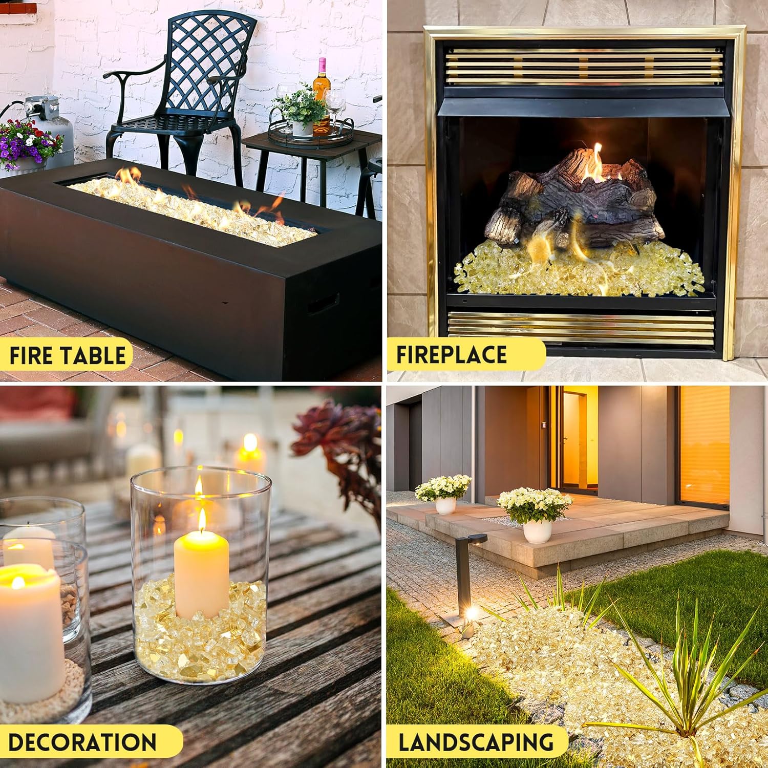 GasSaf 1/4 Inch Fire Glass Reflective Tempered Fireglass Cut Crushed FireGlass for Fire Pit, Fireplace, Replaces Existing Gas Logs & Lava Rocks (20 Pound)(Gold Reflective)