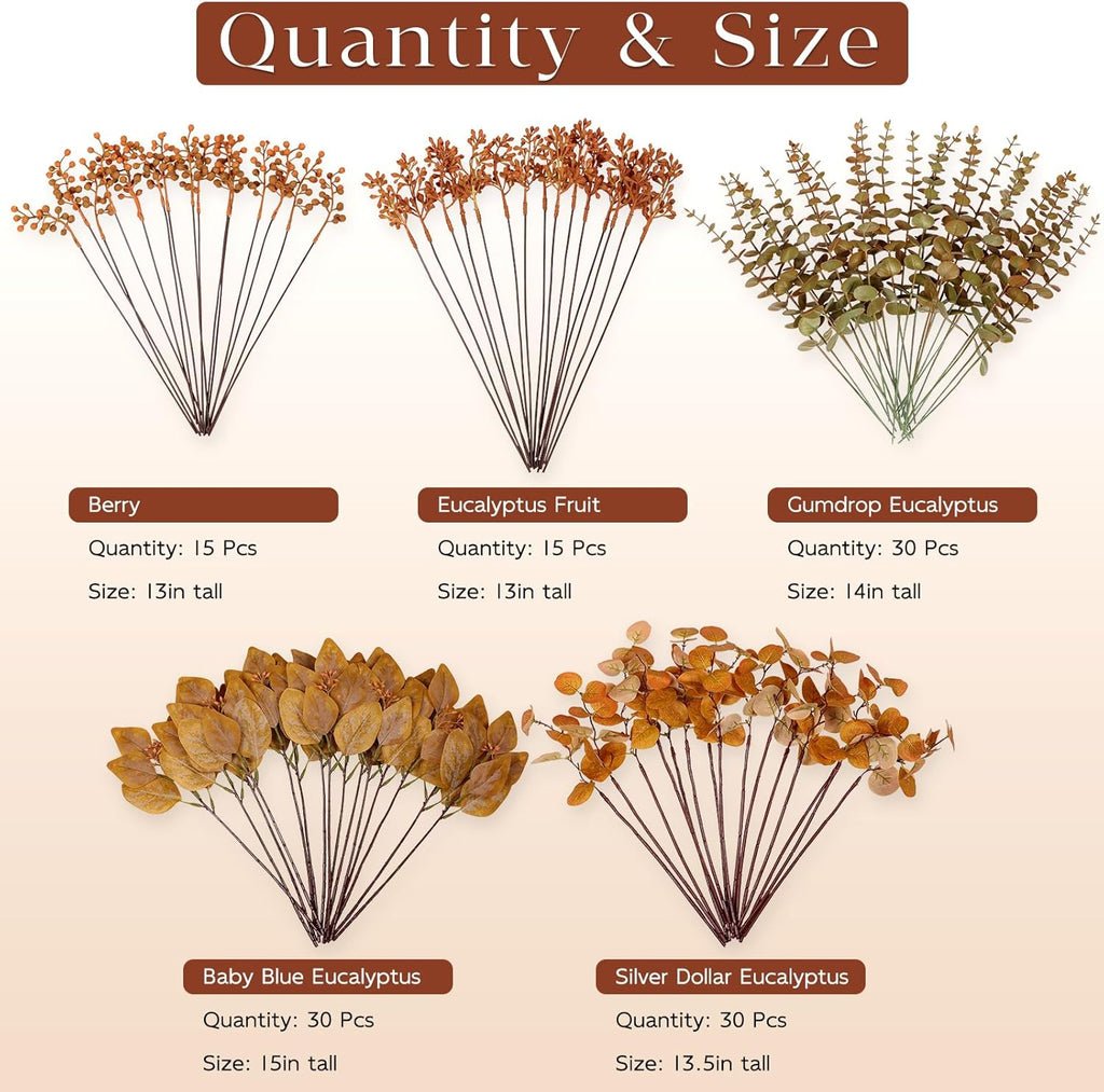 120 Pcs 5 Kinds Mixed Artificial Eucalyptus Leaves Stems and Fake Berry Bulk for Fall Decorations,Faux Plants Bundle for DIY Bouquets Floral Arrangement Wedding Engagement Party Autumn Decor (Orange)