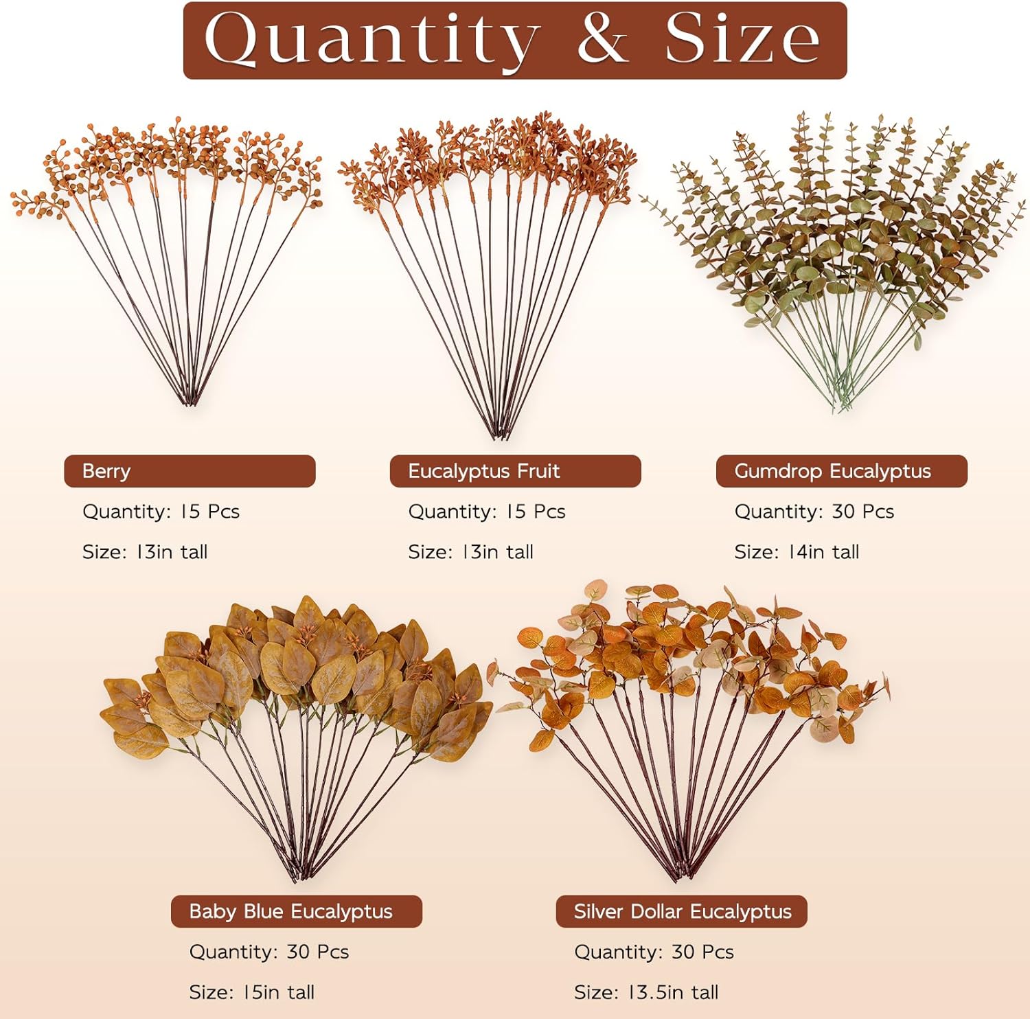 120 Pcs 5 Kinds Mixed Artificial Eucalyptus Leaves Stems and Fake Berry Bulk for Fall Decorations,Faux Plants Bundle for DIY Bouquets Floral Arrangement Wedding Engagement Party Autumn Decor (Orange)