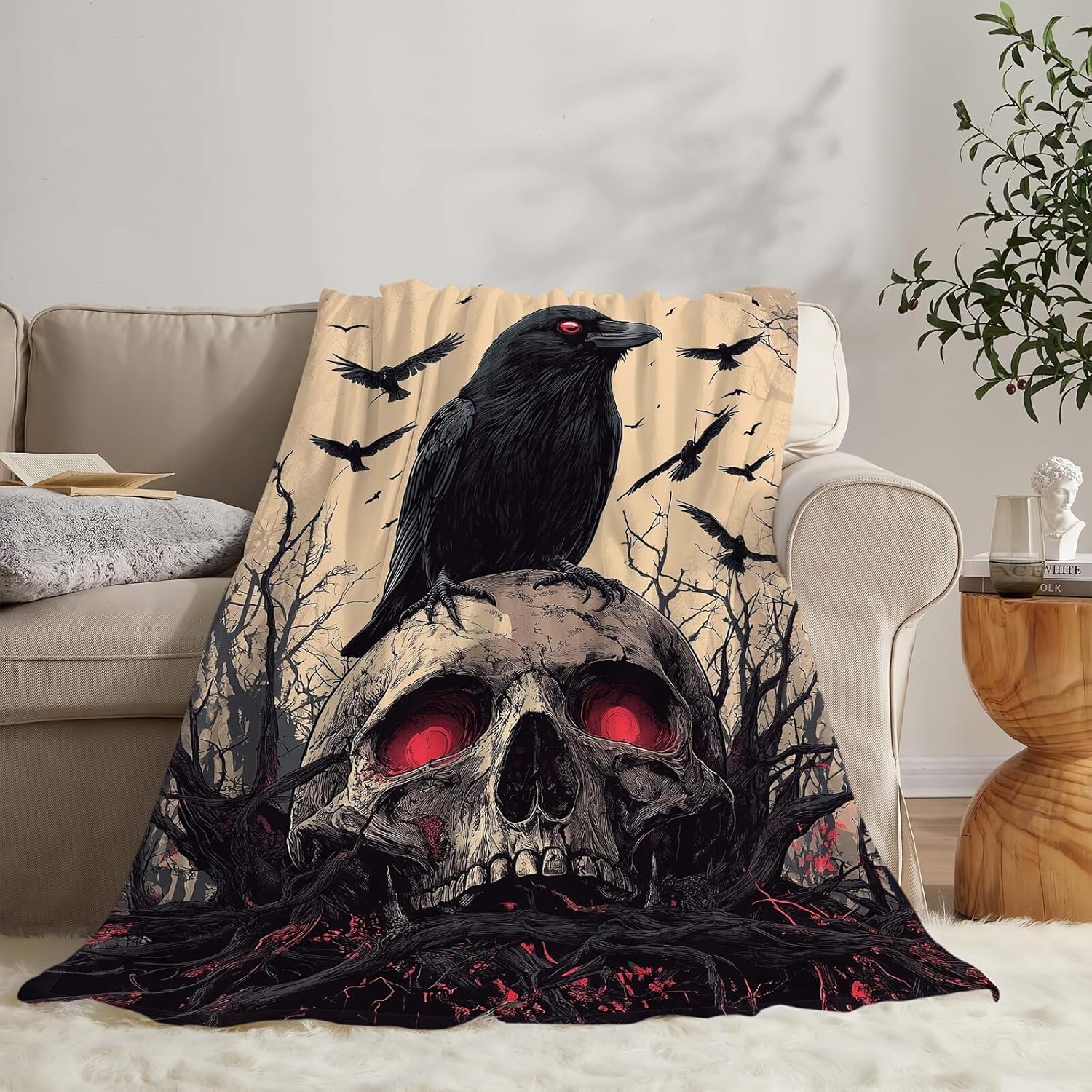 Skull Blanket Skeleton Throw Blanket Crow Gifts for Men Women Boys Girls Kids Adults Super Soft Cozy Plush Fluffy Fuzzy Fleece Blanket Decor 60''X80''