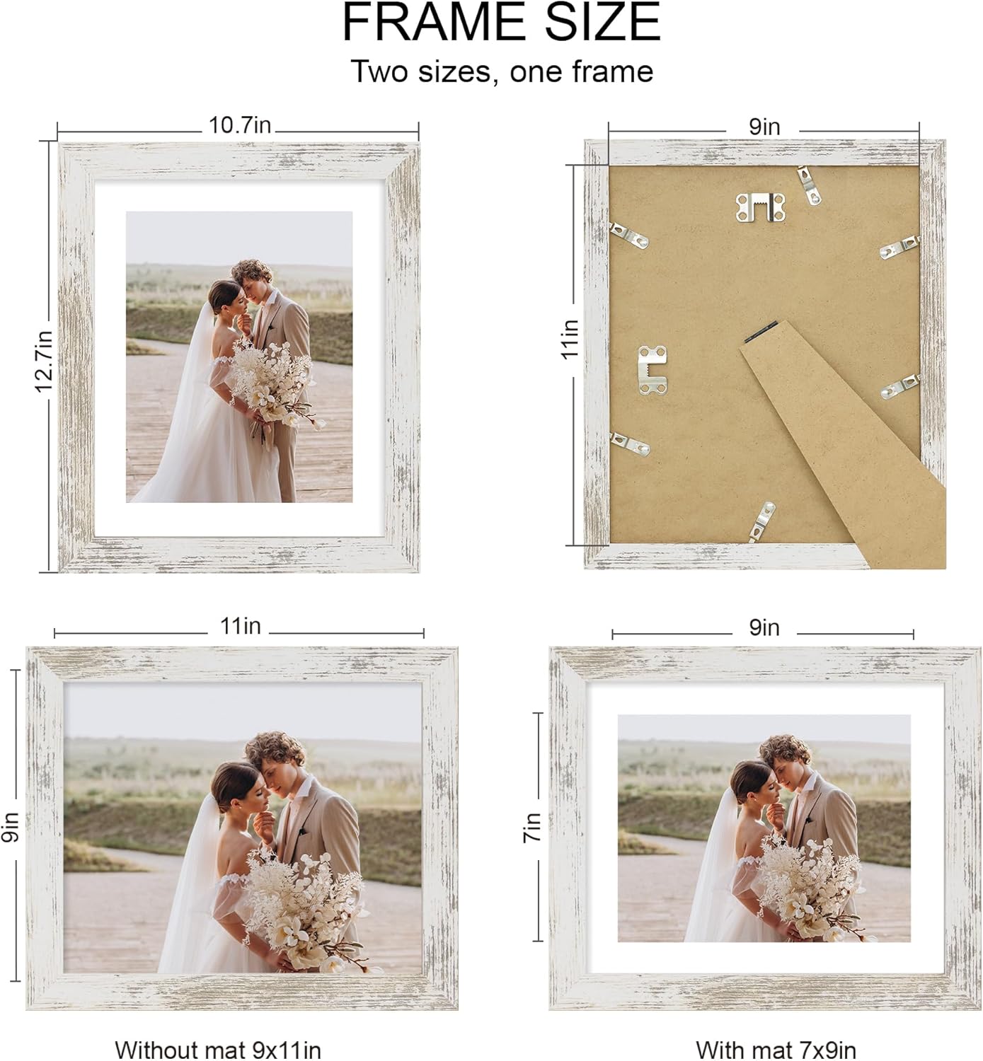 9x11 Picture Frame Set of 4, Made of Real Glass and Distressed White Frame - Display Picture 7x9 with Mat or 9x11 Without Mat, 9 by 11 Photo for Wall or Tabletop