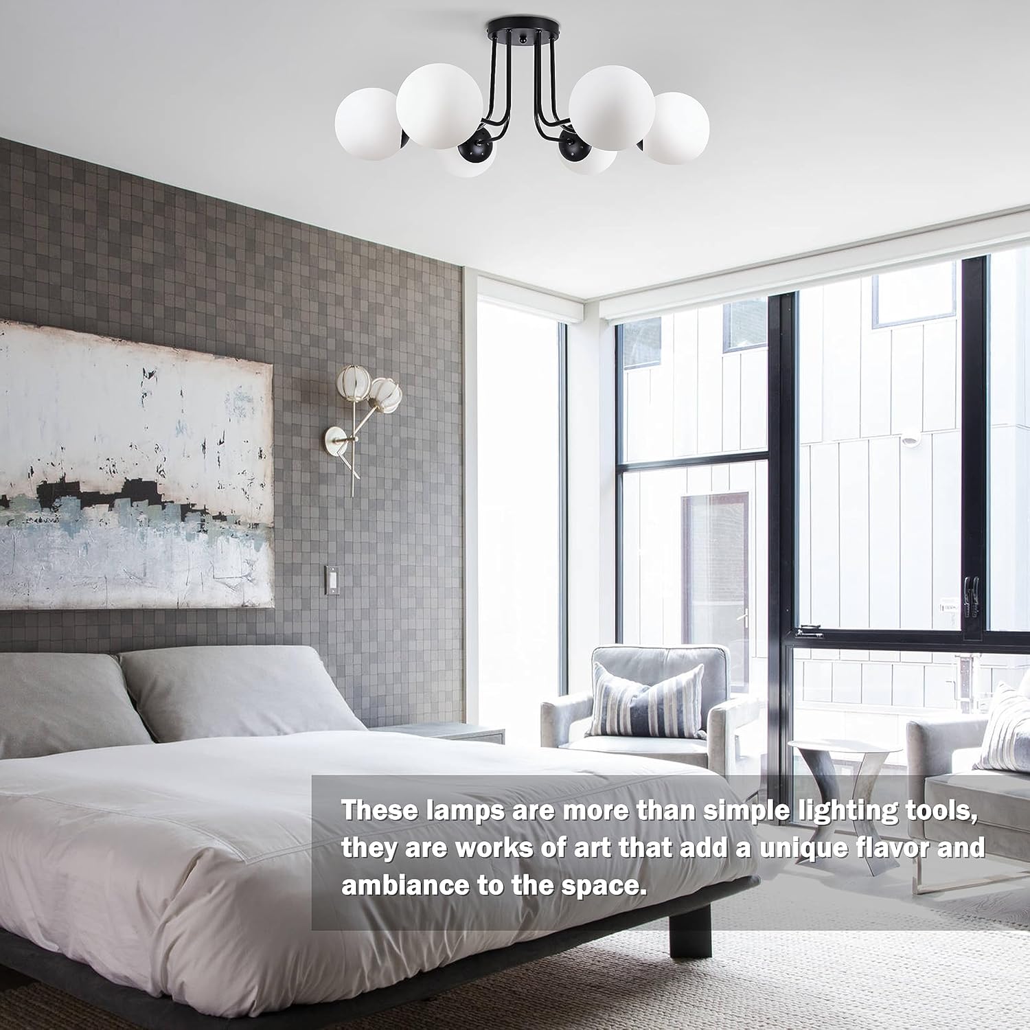 KoKo&Yukina 6-Light Modern Semi Flush Mount Ceiling Light Fixture Mid Century Ceilings Lights Globe Ceiling with Milk Glass Shade Matte Black Finish for Bedroom Hallway Dining Room Living Room