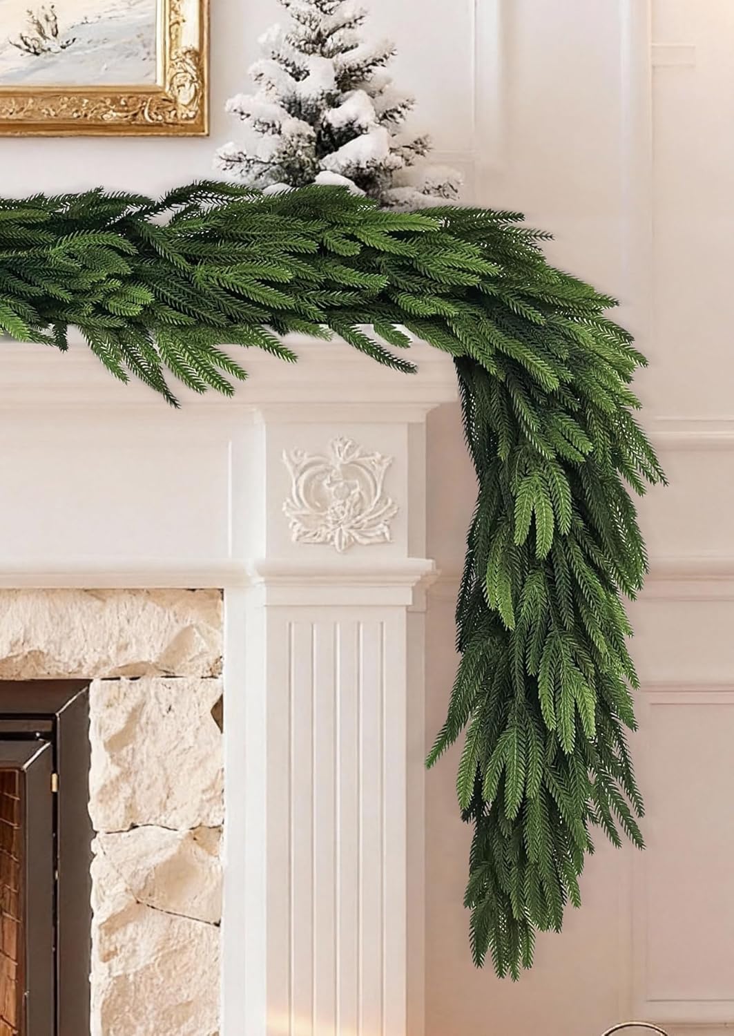 9 Ft Extra Full Christmas Garland Delux Real Touch Norfolk Pine Garland Christmas Decorations Lush Realistic Greenery Garlands for Mantle, Table, Stair, Railing, Fireplace Indoor Outdoor Holiday Decor