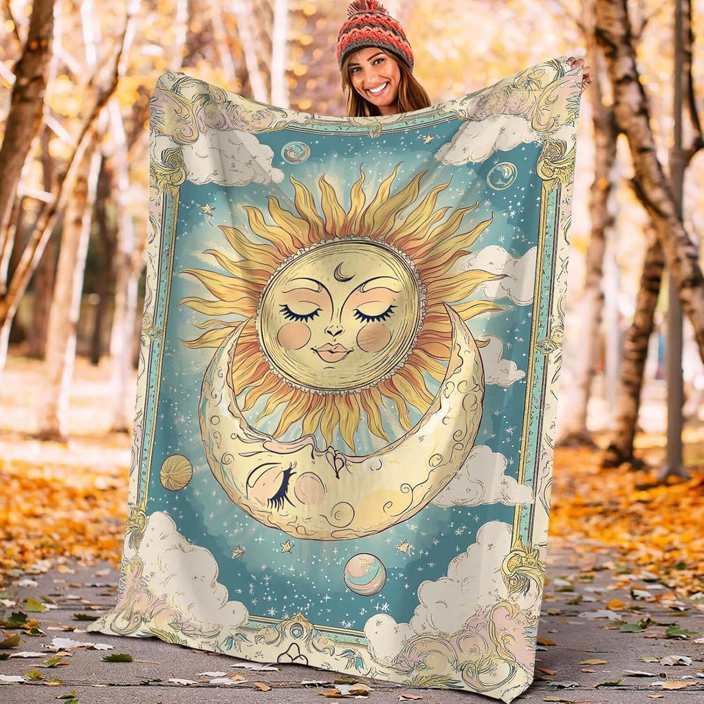Sun and Moon Throw Blanket Celestial Hippie Sun and Moon Stuff Gifts for Kids Girls Boys Adults Women Man Soft Cozy Warm Plush Fluffy Fuzzy Fleece Blanket Decor 40''X50''