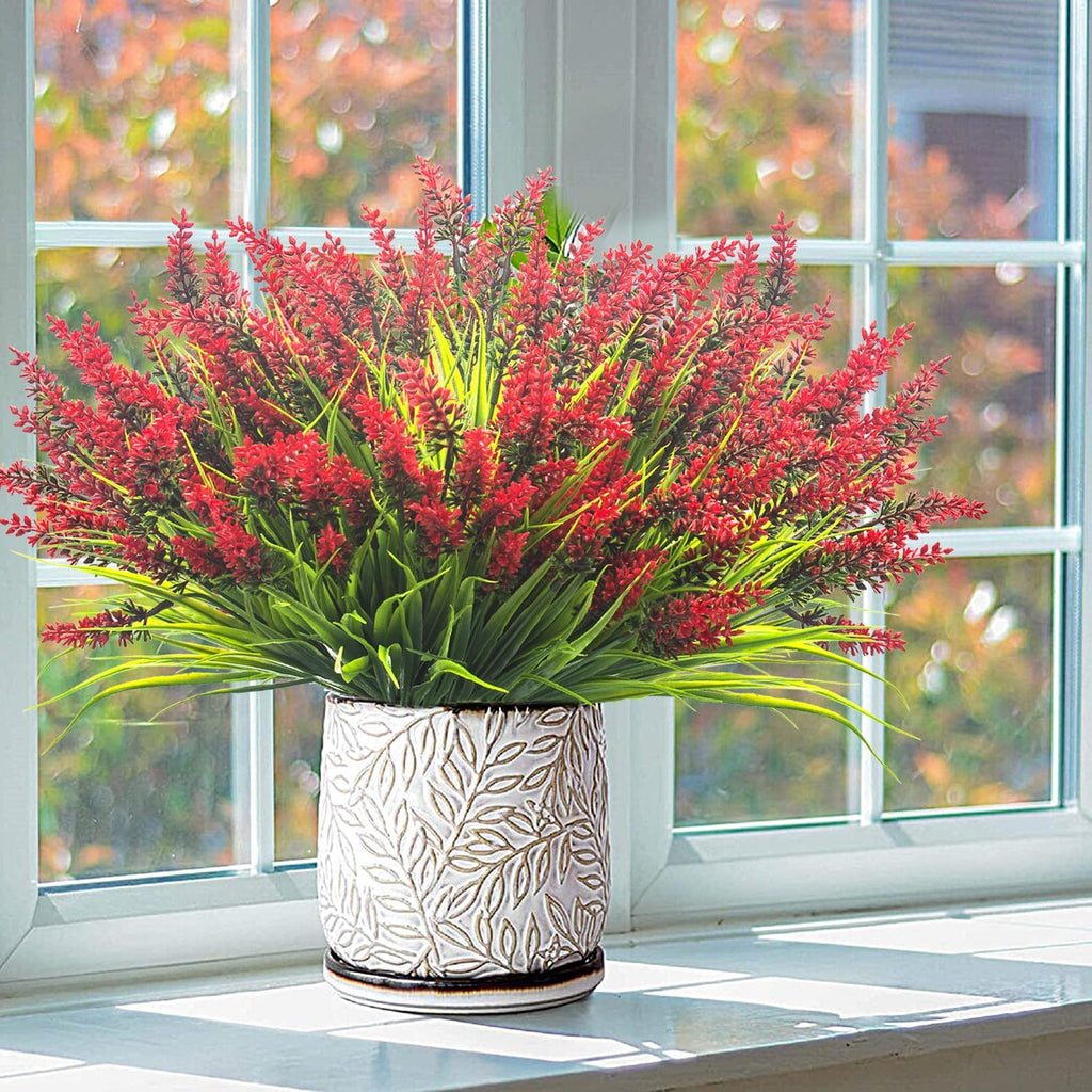 20 Bundles Artificial Plants Outdoor Fake Monkey Grass with Flowers (Red)