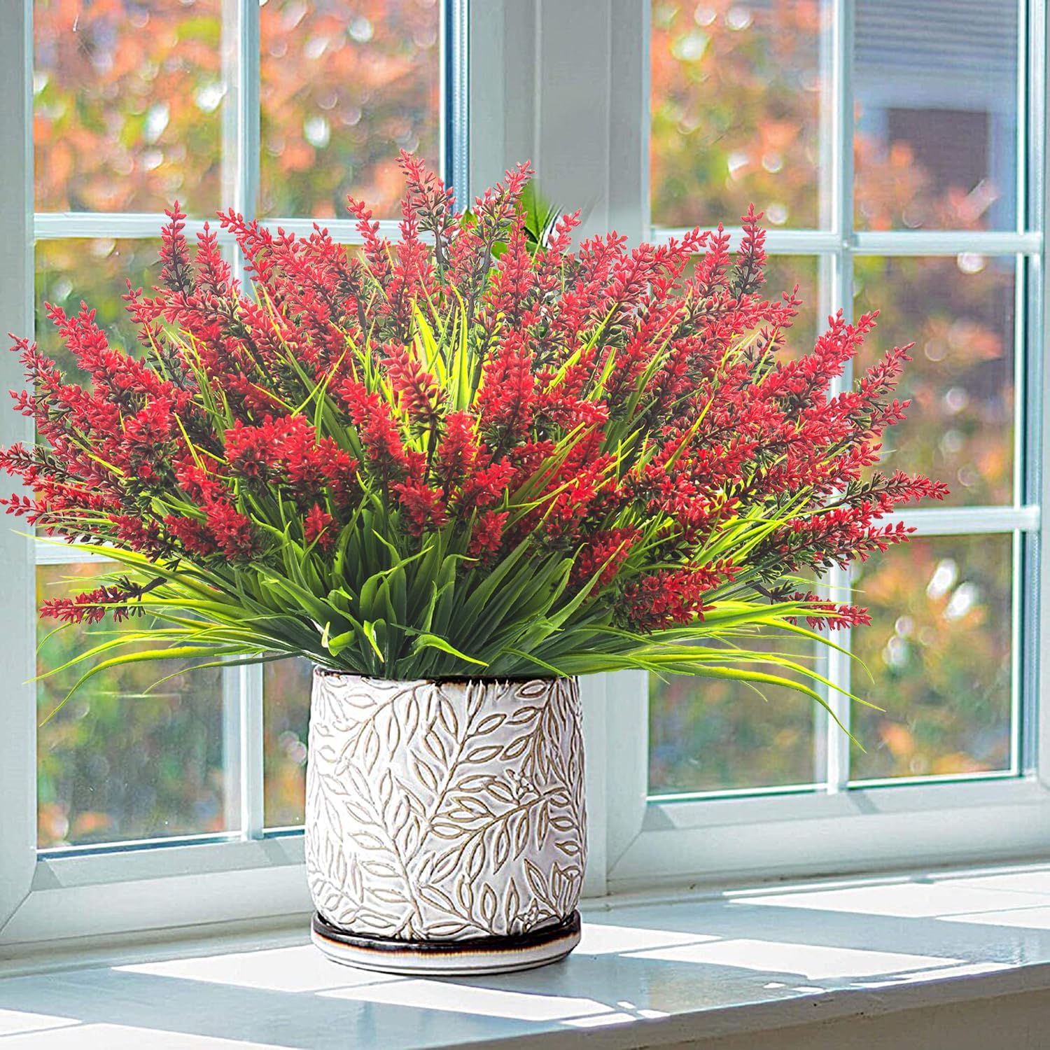 20 Bundles Artificial Plants Outdoor Fake Monkey Grass with Flowers (Red)
