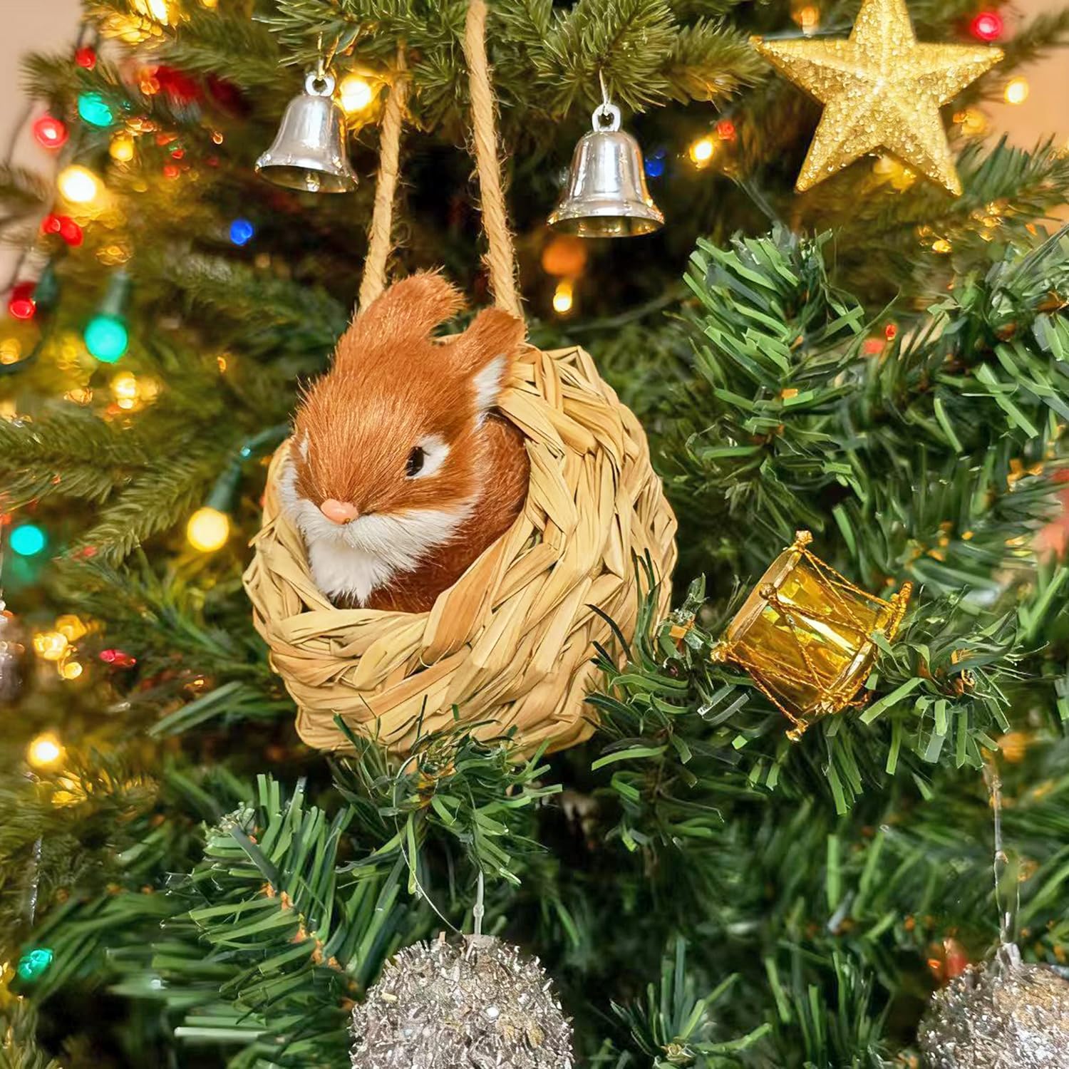 3D Forest Animals Ornaments for Christmas Tree Woodland Furry Animal Ornament Handmade Bird Nest with Plush Animals for Xmas Tree Faux Fur Animal Hanging Decoration Home (4inch Nest & Rabbit)