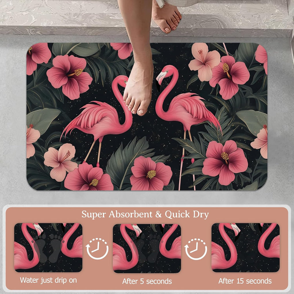 Bath Mat,Pink Flamingos Bathroom Rugs,Quick-Drying Non-Slip Rubber Bath Mats Hibiscus Flowers Absorbent Diatomaceous Earth Mat for Bathroom Home Decor 17"x29.5"
