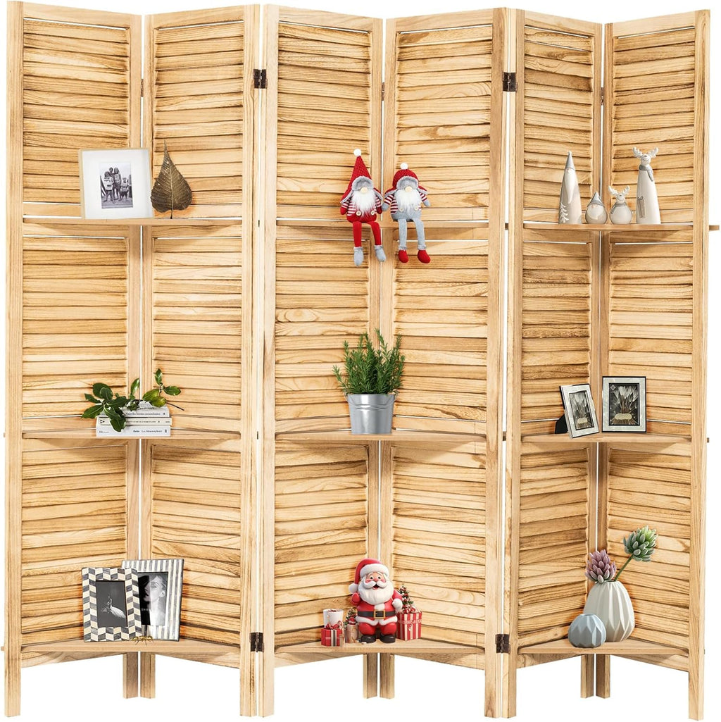 6 Panel Room Divider Freestanding Privacy Screen with Display Shelves Foldable Wooden Room Divider Panel for Bedroom, Home Office, Living Room, Natural
