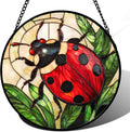 Stained Glass Window Hanging - Red Seven-Spotted Ladybug Sun Catcher for Door Home Decor Insect Suncatcher Christmas Mother's Day Birthday Gifts for Women Men Mom Nana 15 in