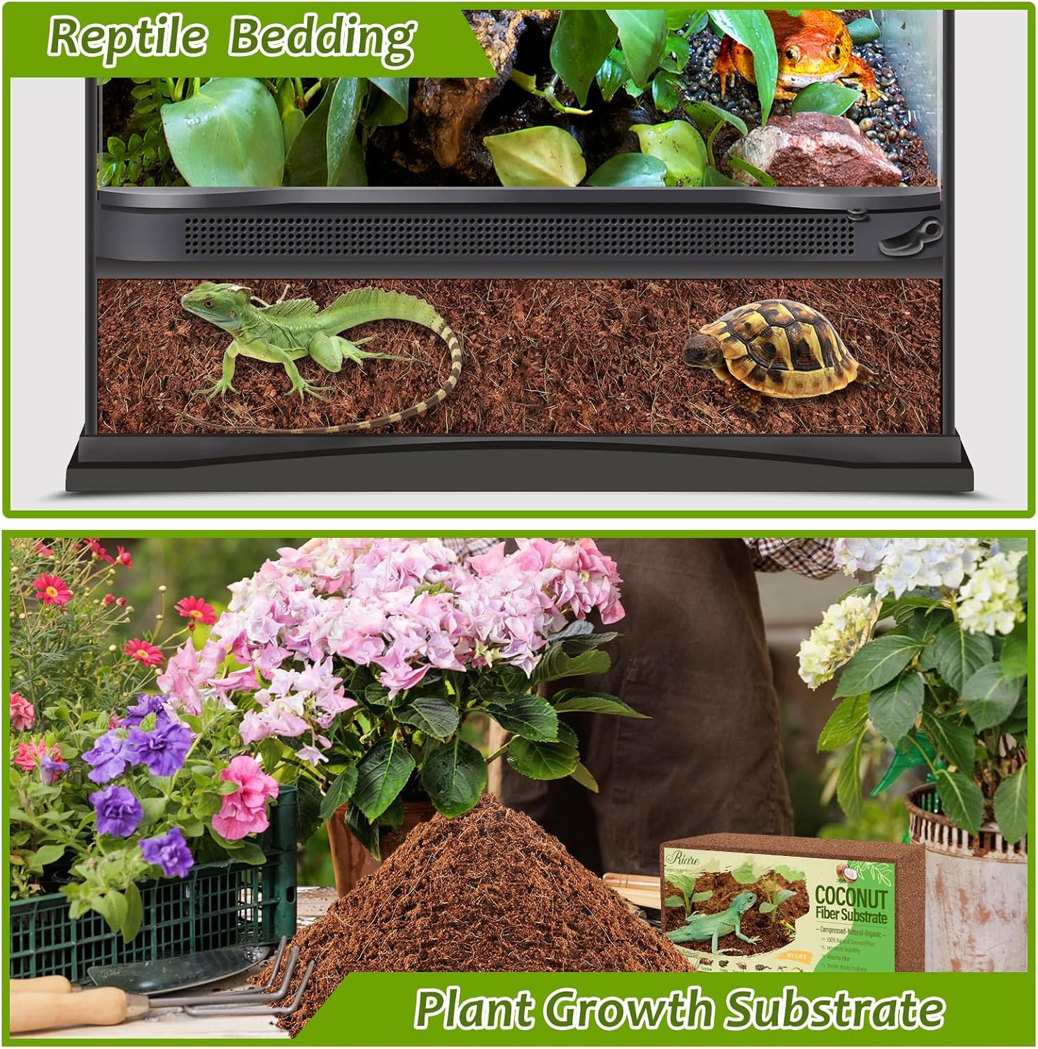 Riare 4 Pack Natural Coconut Fiber Substrate for Reptile- Premium Compressed Coconut Husk Terrarium Bedding for Reptile, Tortoise, Frogs, Snakes Hermit Crabs, Burrowing Animals