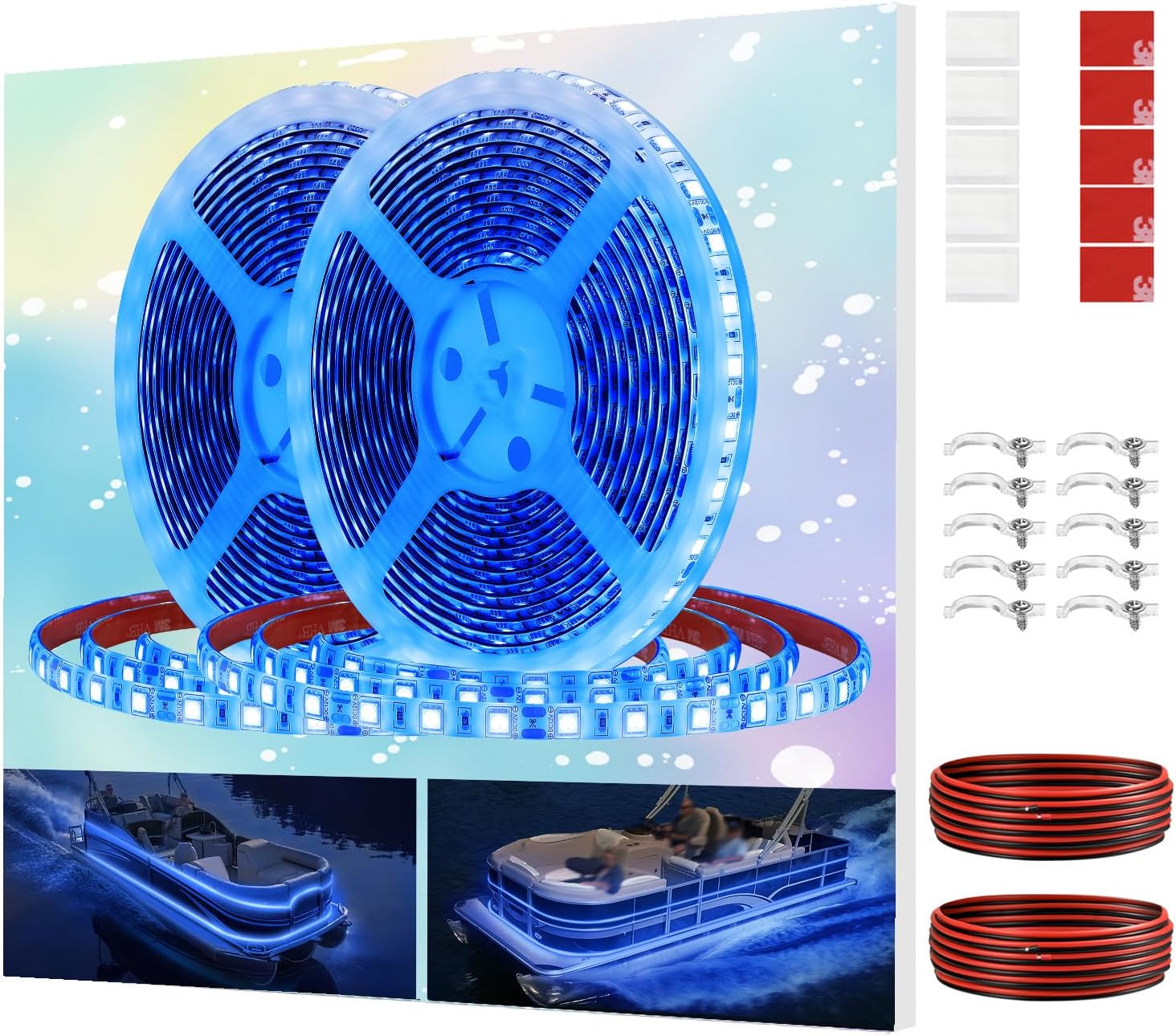 Pontoon Boat LED Strip Lights, 12V 32.8FT Blue Waterproof Marine LED Light Boat Interior Light, Boats Deck Hull Gunnel Lighting, Night Fishing Lights for Bass, Jon, No Battery