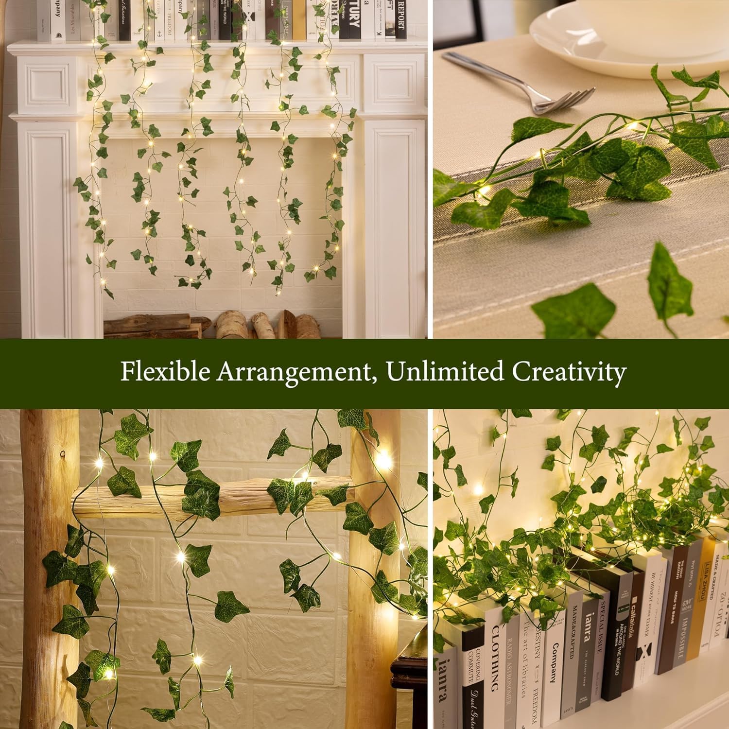 2 Pack 6.56FT Vines with Lights, Fake Ivy String Lights Battery Operated, 20 LEDs Green Leaf Lights with 8 Modes, Artificial Vines with Fairy Lights for Bedroom Wall Garden Party Decor