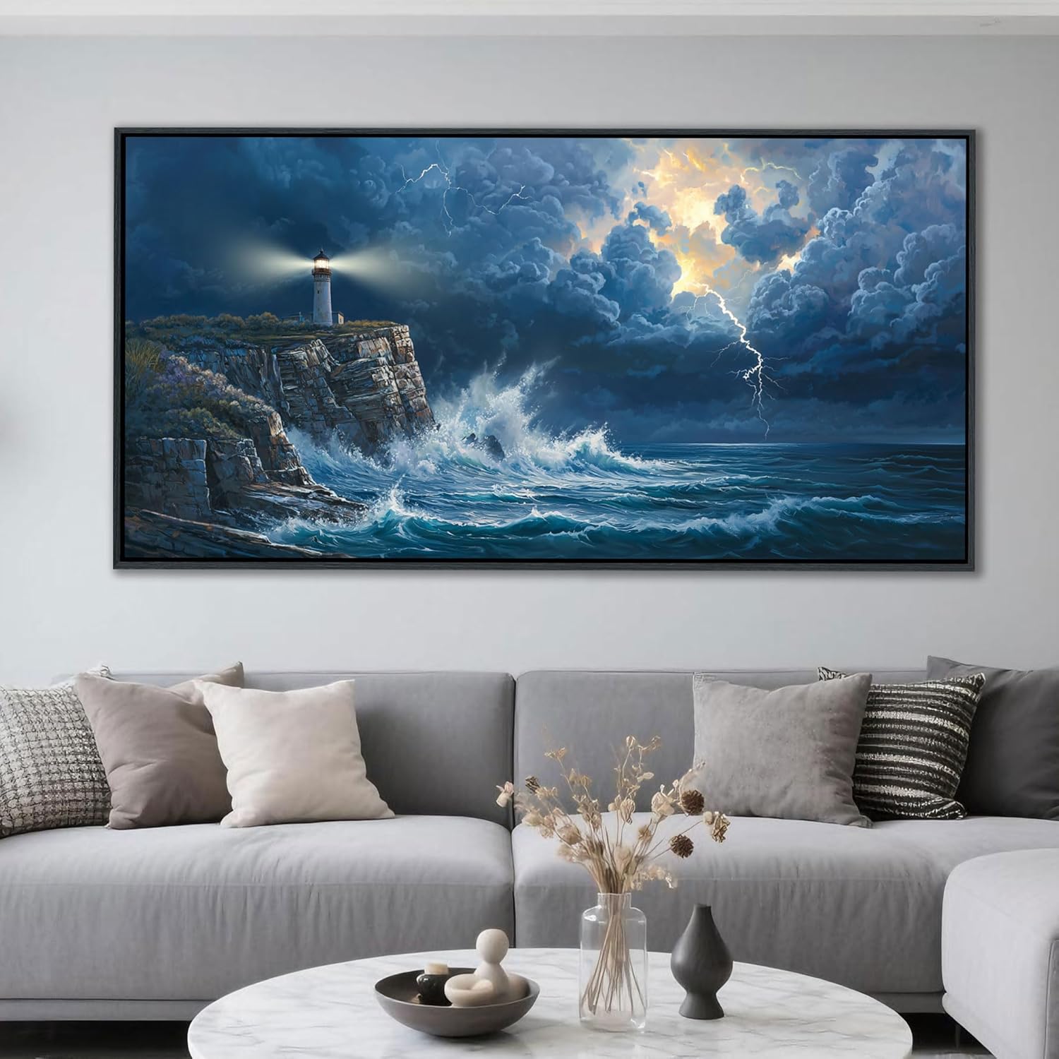 YDYSUNE Large Wall Art- Coastal Canvas Wall Decor Painting Navy Blue Picture ocean decor Lighthouse Artwork for Dining Room,Living Room,Bedroom Decoration Size 29x58 Inches