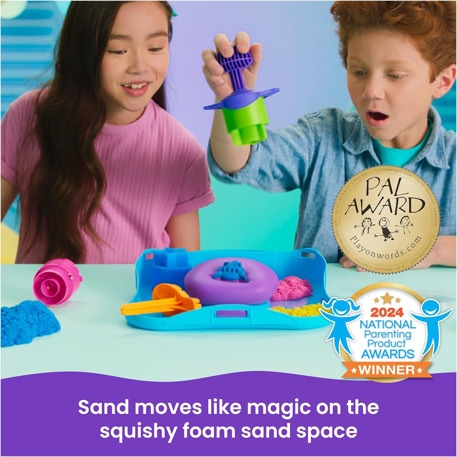 Kinetic Sand, SquishMotion with 1lb Pink, Yellow & Blue Play Sand, Stamper & 5 Tools, Storage Case, Sensory Toys, Holiday Gifts & Stocking Stuffers for Kids Ages 3 and up
