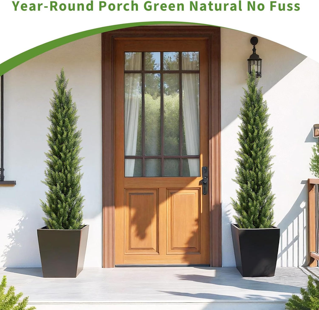6FT Artificial Cedar Christmas Topiary Trees Set of 2 - Realistic Faux Pine Shrubs UV Resistant for Outdoor Planter Decor, 6 Feet Potted Fake Cypress Plants for Porch Front Door Patio UV Rated