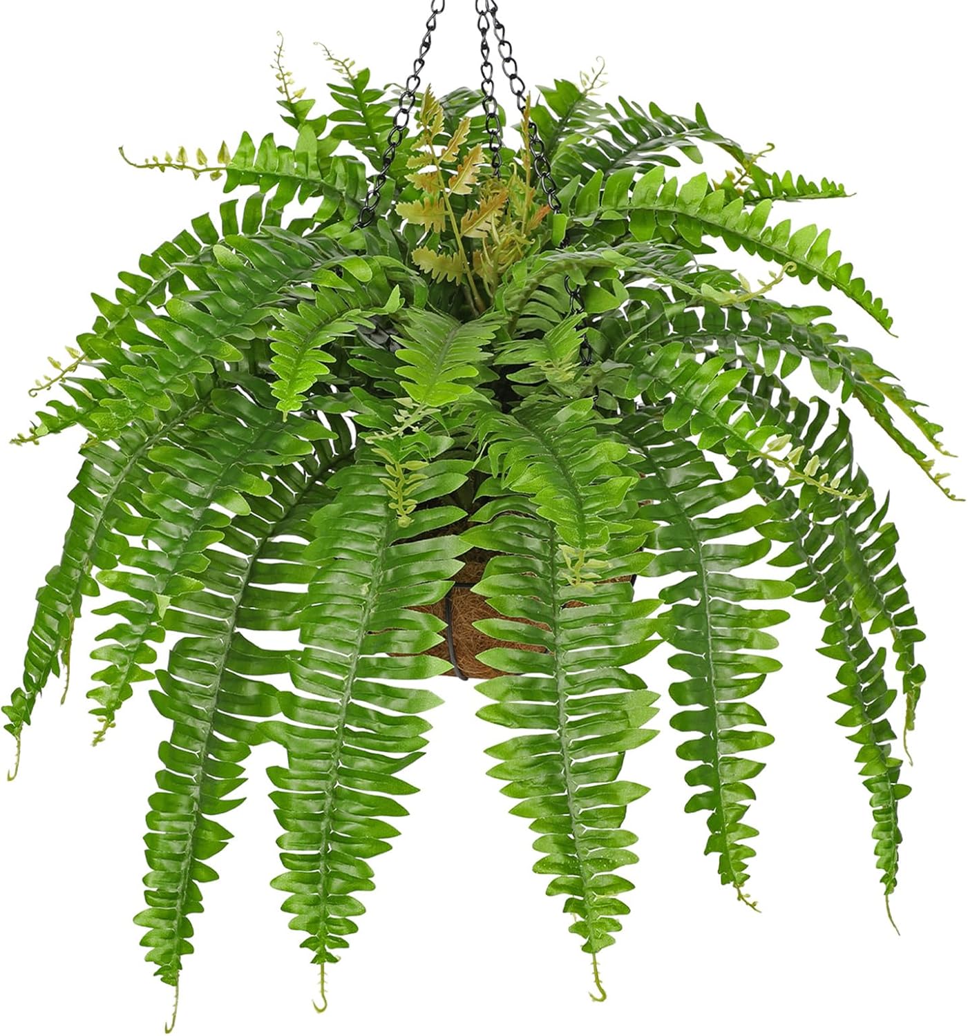 Fake Hanging Plants Large Boston Fern Artificial Plants Outdoor Realistic Fake Ferns with Palm Basket Silk Plants Ferns Hanging Plant Artificial Decor for Home Front Porch Window Garden - Green