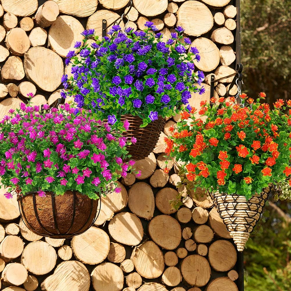 6 Bundles Outdoor Artificial Flowers UV Resistant Fake Boxwood Plants, Faux Plastic Greenery for Indoor Outside Hanging Plants Garden Porch Window Box Home Wedding Farmhouse Decor (Purple)