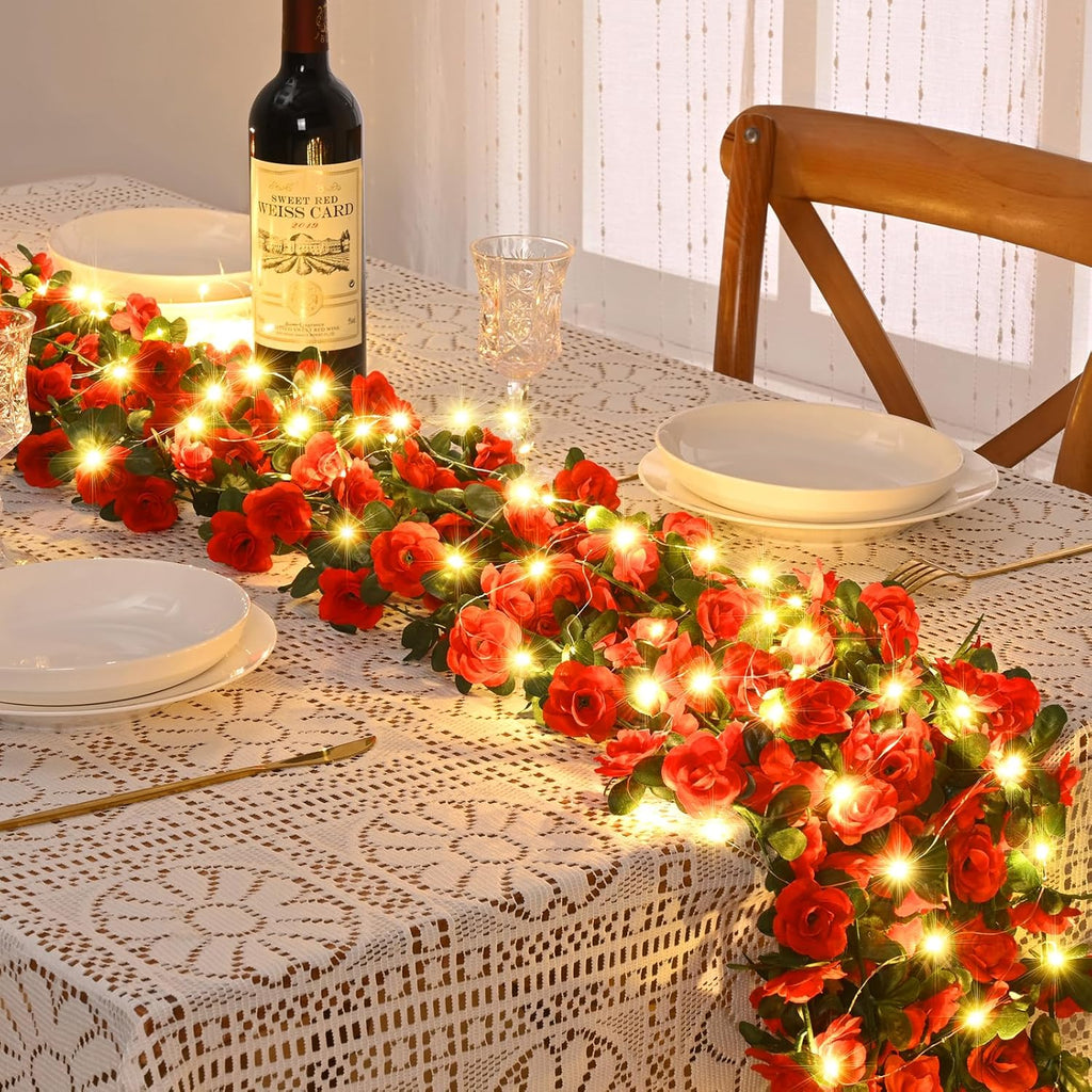 BLEUM CADE 5Pcs 41Ft Flower Garland Artificial Rose Vines with 32.8Ft String Lights, Cute Fake Hanging Flower Vines Floral Garland Decorations for Wedding Party Wall Room Decor Aesthetic