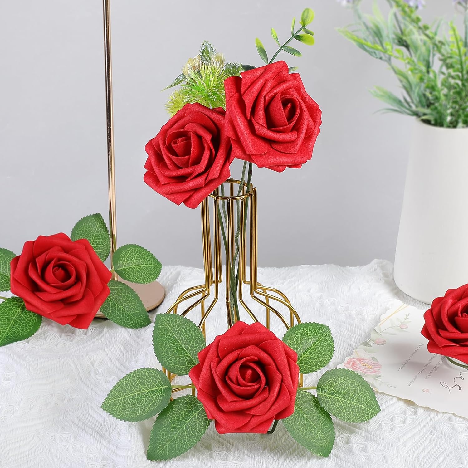 AmyHomie Artificial Flowers Red Rose 50pcs Real Looking Fake Roses w/Stem for DIY Wedding Bouquets Centerpieces Arrangements Party Baby Shower Valentines Day Christmas Tree Decorations