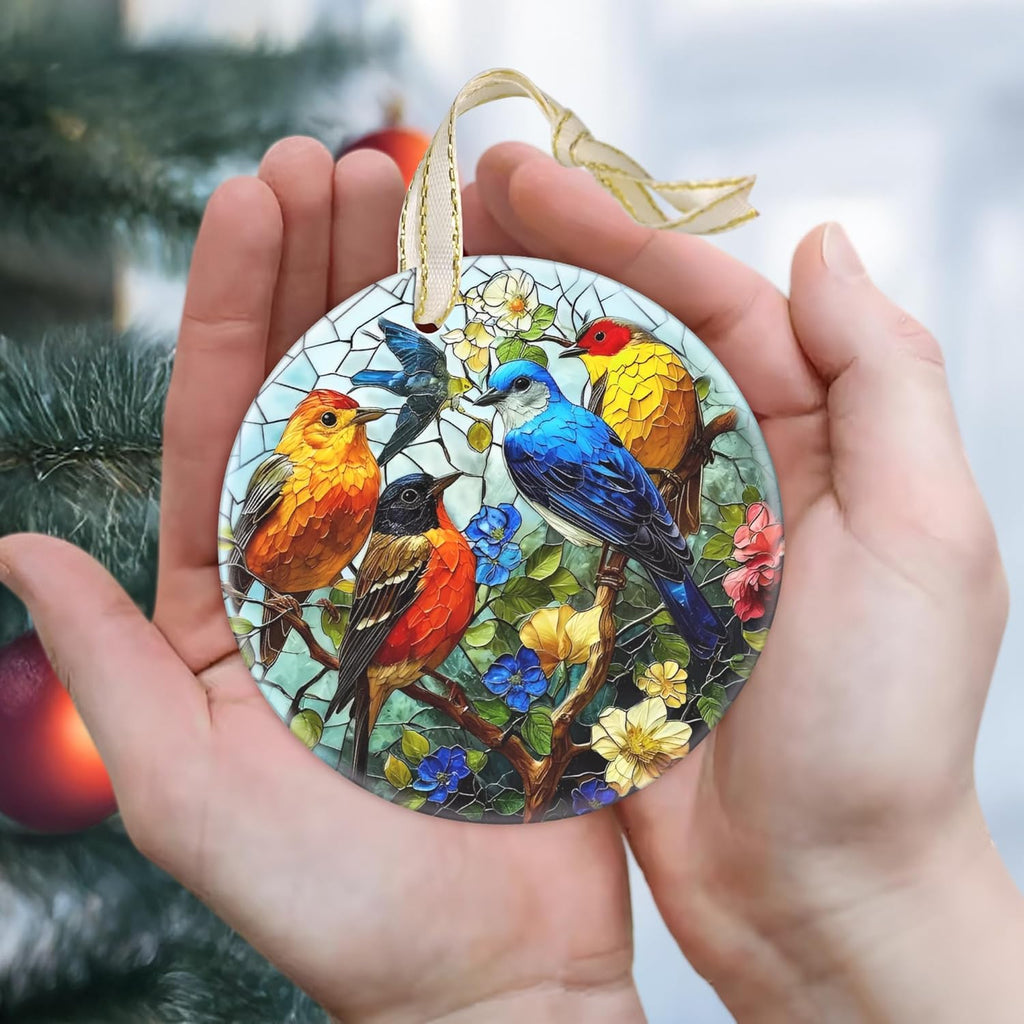 2025 Christmas Ornament, Christmas Tree Decoration, Round Ceramic Holiday Tree Decor - Birds on Branches. Gift Idea for Friends