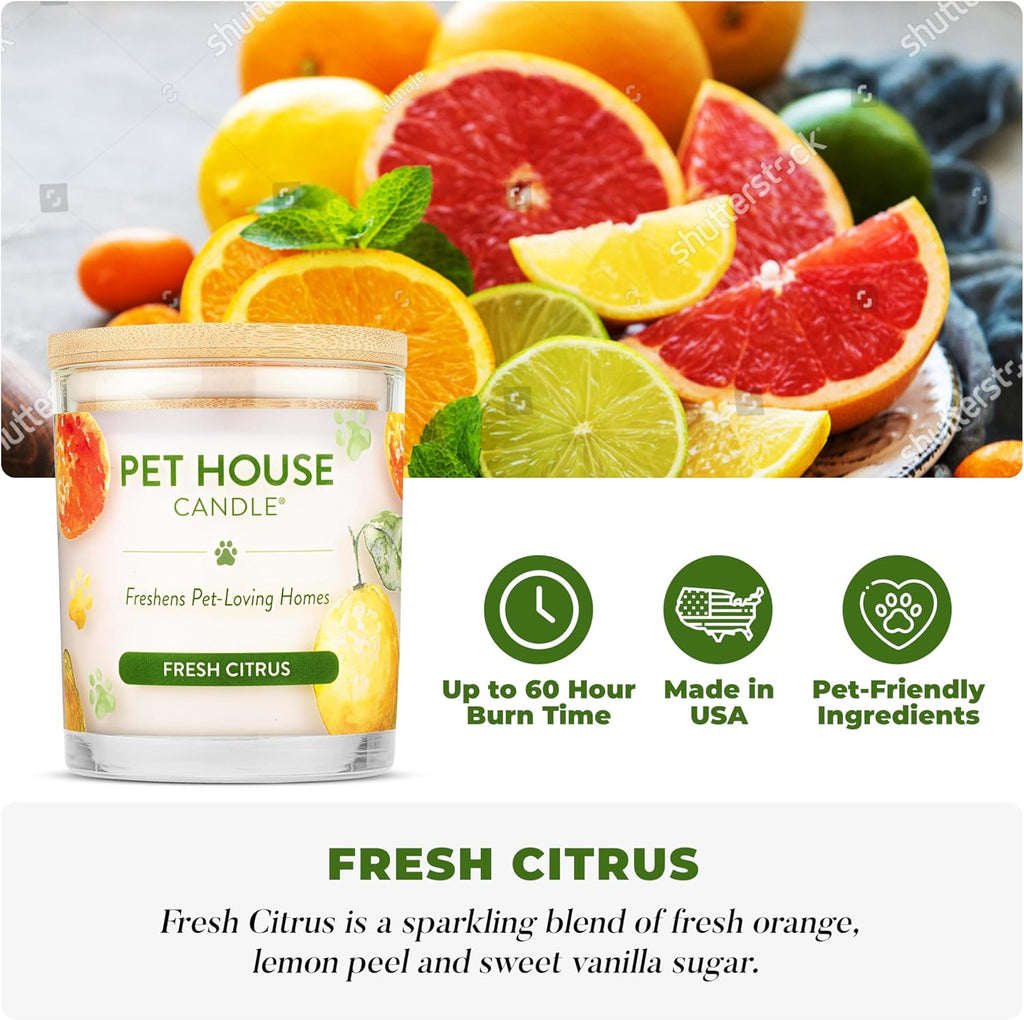 One Fur All Pet House Candle 2 Pack - Plant-Based/Soy - Clean Burning Scented, Long Lasting Pet Odor Candle for Home - Fresh Citrus