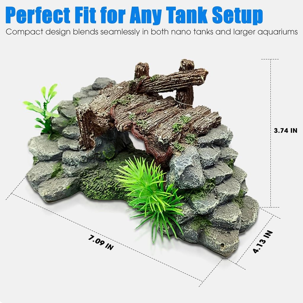 Aquarium Decor, Betta Fish Tank Accessories with Plants, Turtle Tank Decorations, Large Aquarium Ornaments, Fish Hideout, Decorative Accessories for Freshwater & Saltwater Tanks (Grass Bridge)
