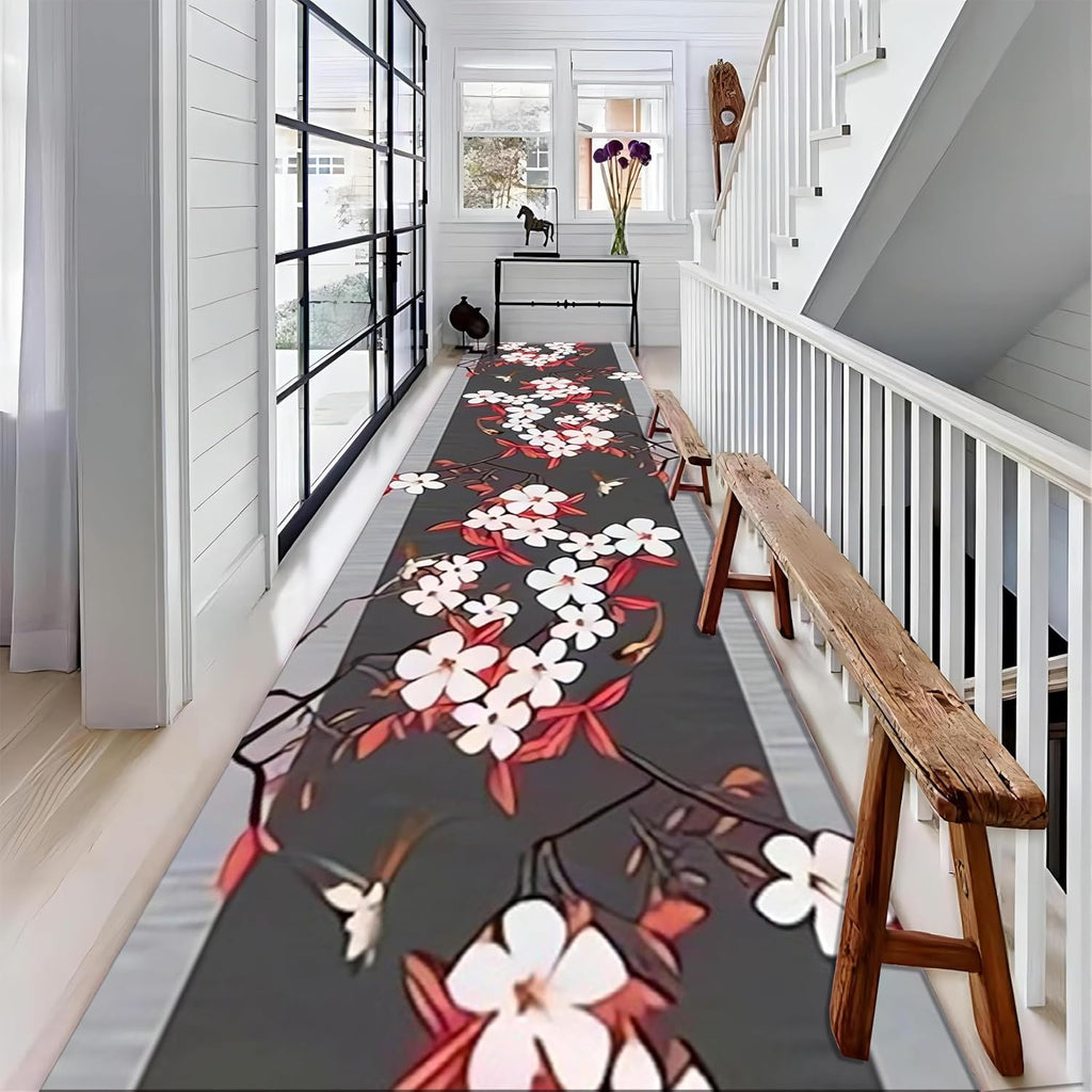 Chinese Traditional Plum Blossom Living Room Carpet, 3.3x7ft, Red Plum Blossom Branch Indoor Area Mat, Washable Durable Runner Rug, Non Skid Absorbent Non-Shedding Rugs for Entryway
