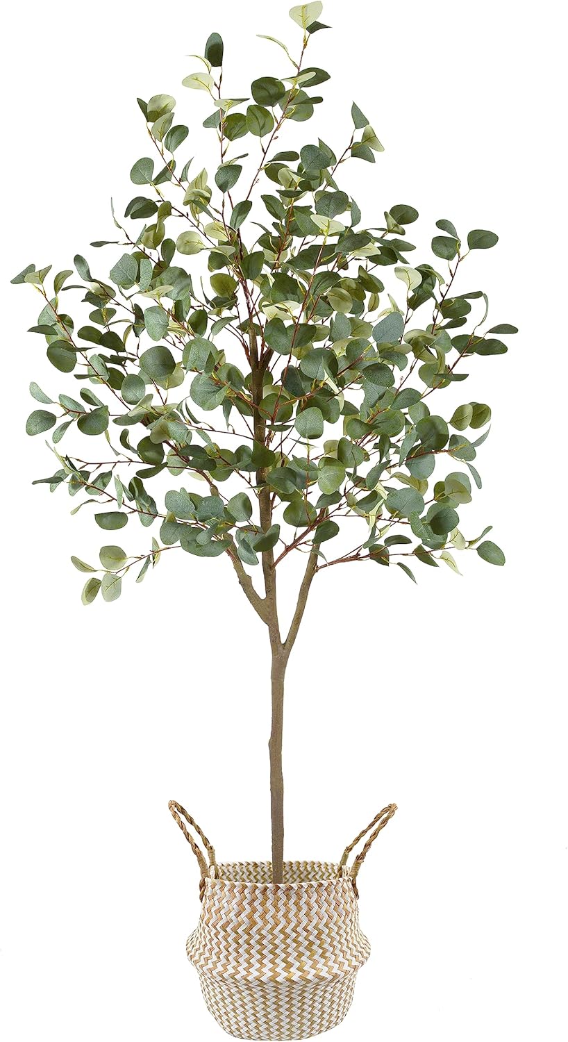 Artificial Eucalyptus Tree, 6ft Tall Fake Eucalyptus Plant with Basket, Green Silver Dollars Silk Leaves Faux Tree for Home Office Livingroom Floor Decor Indoor