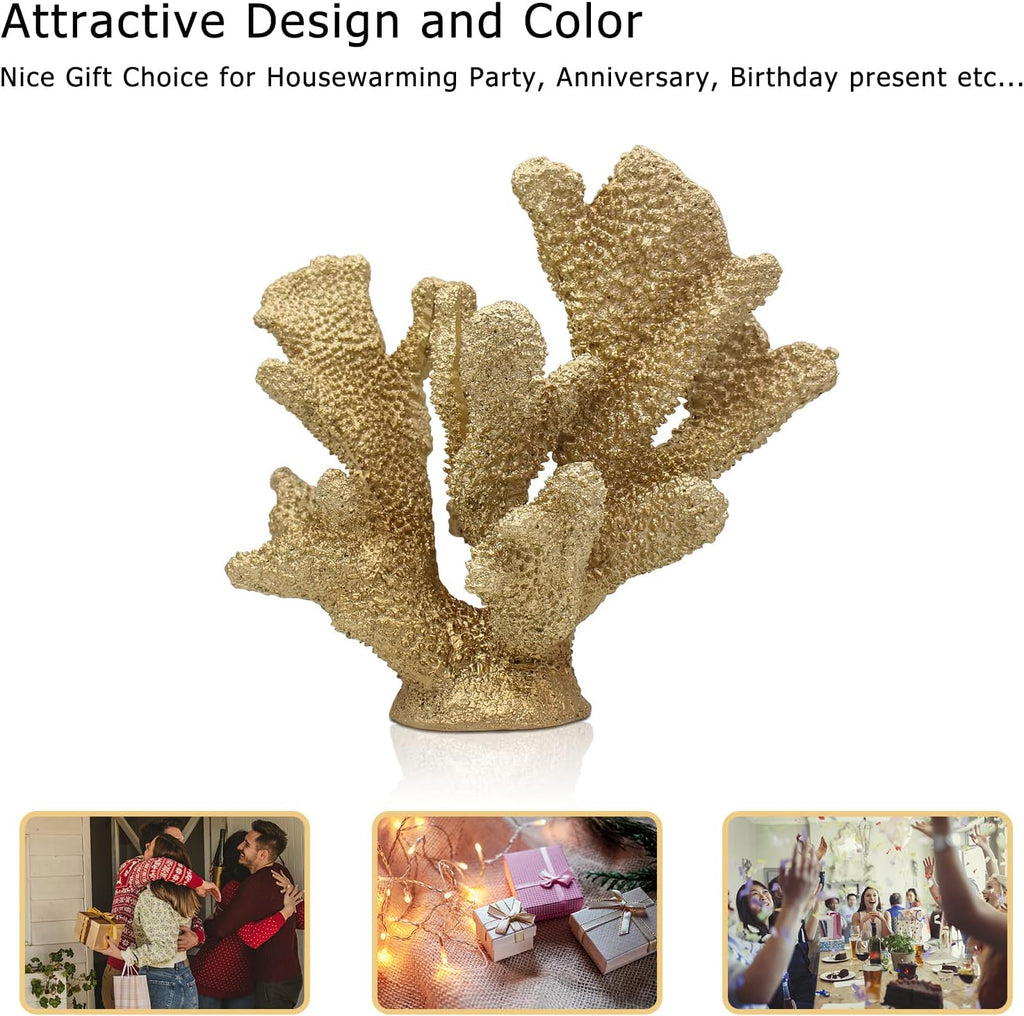 Gold Coral Decor Faux Artificial Coral Reef Resin Nautical Decoration Tabletop Home Living Room Decor (7.8in Tall)
