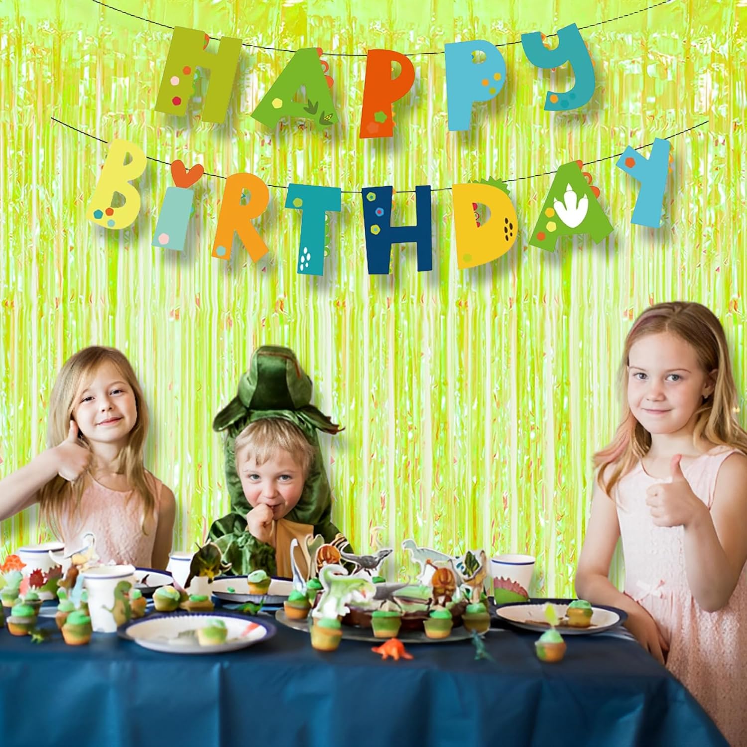 BRAVESHINE Iridescent Foil Fringe Backdrop - 2 Pack 3.2 x 6.5 ft Holographic Tinsel Curtain Party Streamers Photo Backdrop for Birthdays Dinosaur Theme Christmas Patricks Decorations - Clear Green
