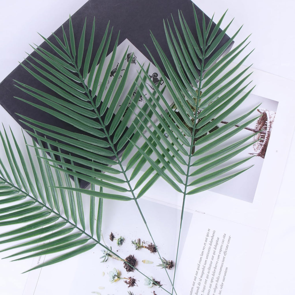 Abzo 20 Pcs Artificial Palm Leaves Stems Greenery Tropical Palm Leaves Faux Monstera Leaves Plant for Palm Sunday Flower Arrangement Home Kitchen Party Table Decor, Wedding Birthday Theme Parties.