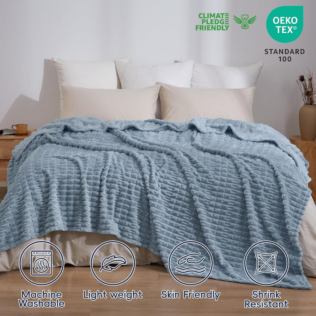 PHF Ultra Soft Flannel Fleece Blanket King Size, Lightweight 3D Jacquard Fleece Blanket, No Shedding, No Pilling, Luxury 340GSM Aesthetic Fluffy Cozy for Bed Room Decor, 108"x90", Dusty Blue