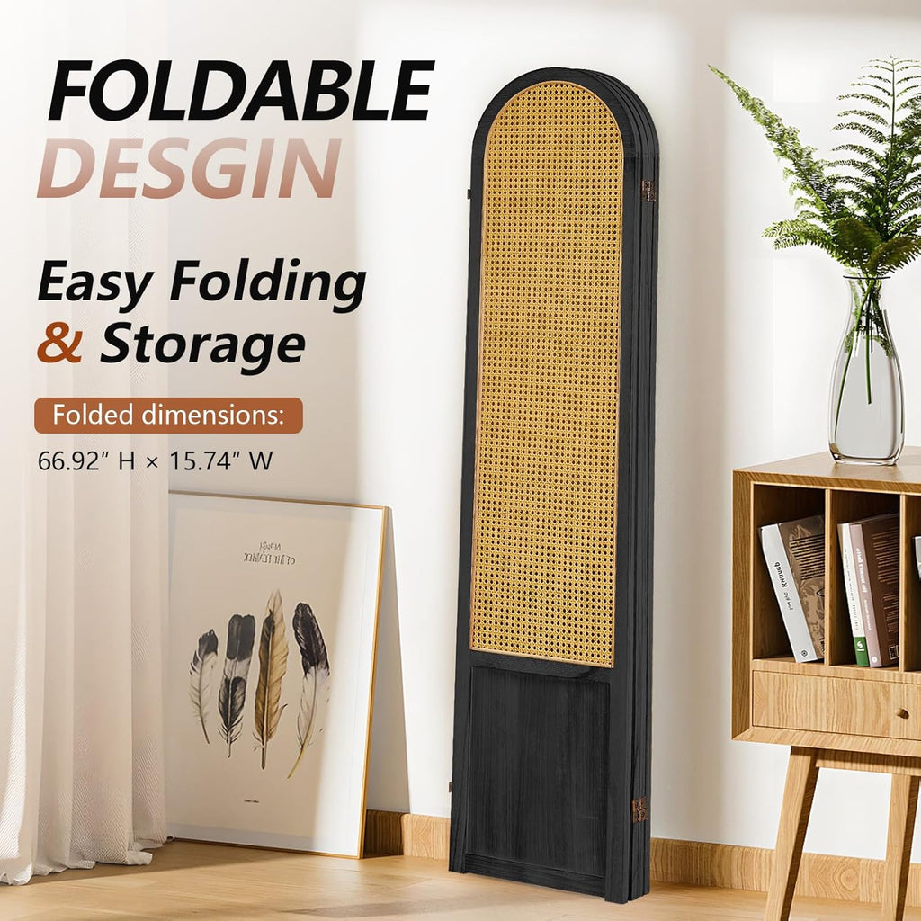 4 Panel Room Divider and Folding Privacy Screen 5.6 Ft Foldable Double Hinged Room Partition, Hand-Woven Rattan Room Divider Portable Wood Wall Divider for Room Separation, Home, Black