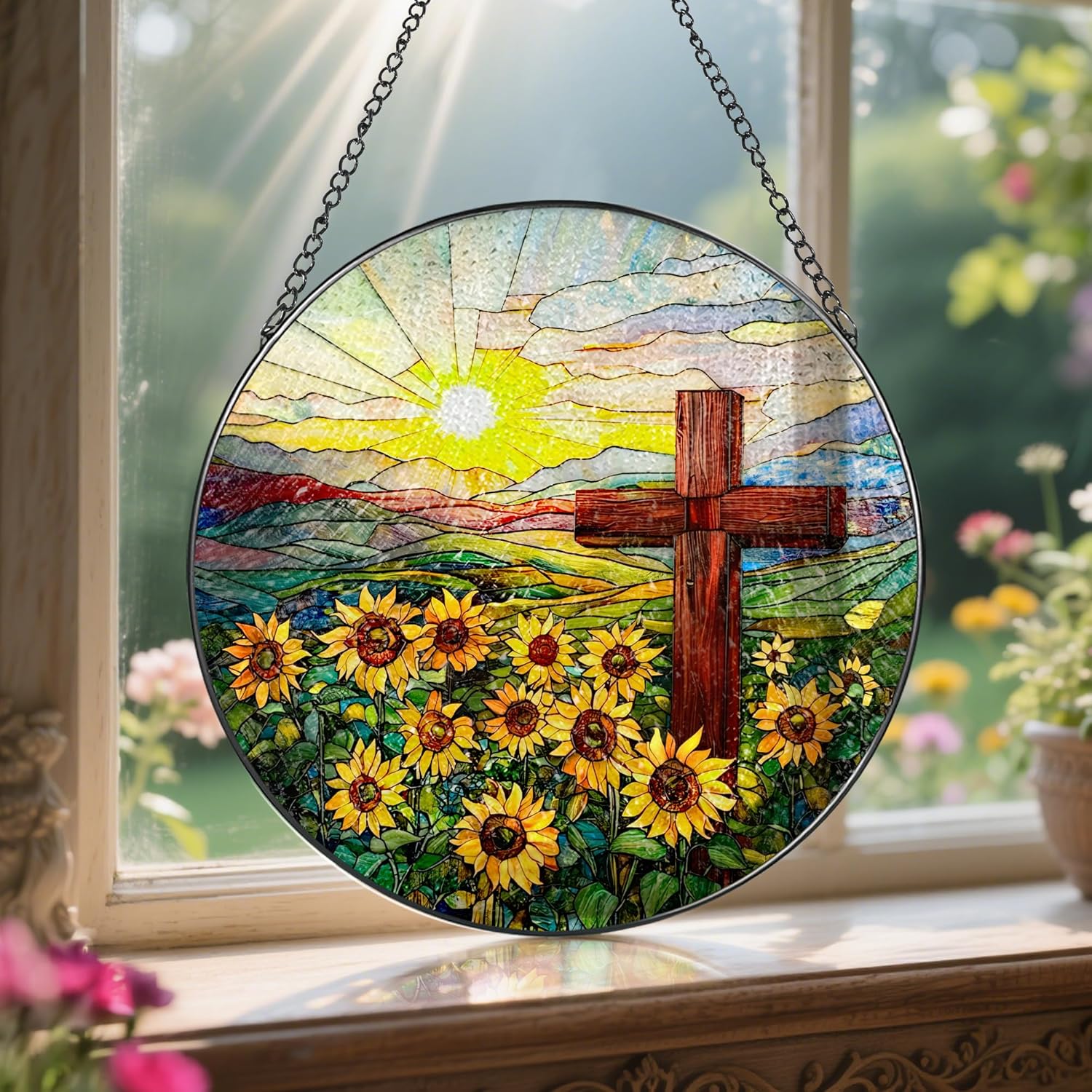 Cross Stained Glass Sun Catcher, Stained Glass Window Hanging, 8 Inch Suncatchers for Windows, Window Hanging Ornament, Easter Faith Home Decor, Cross Gifts, Gift for Religious, Christian Gifts