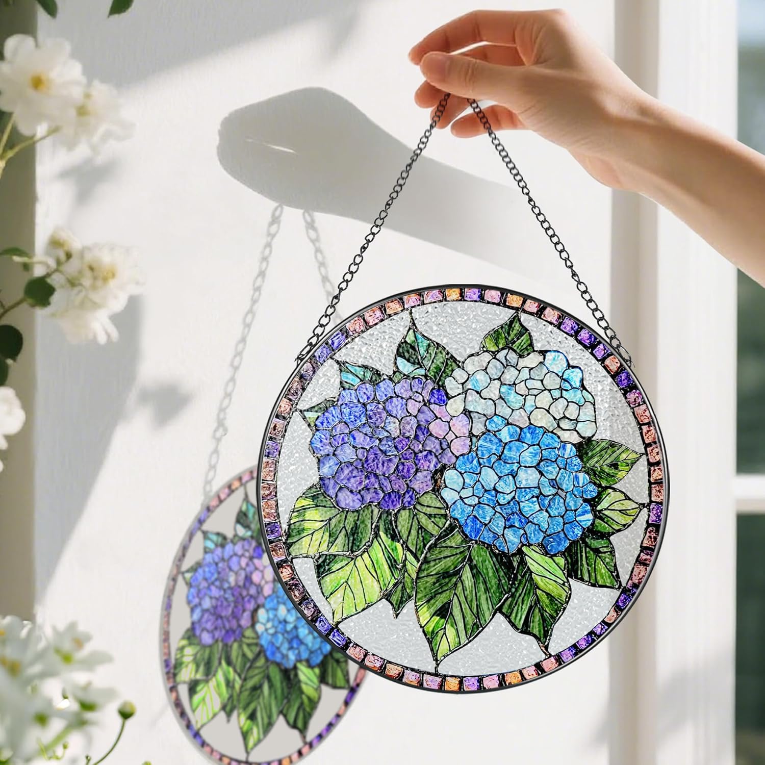 8-Inch Stained Glass Ornament, Stained Glass Window Hanging, Window Hanging Decor Suncatcher, Blue Hydrangea Ornament | Christmas, Mother's Day, Birthday | Gifts for Mom, Garden Gifts for Friends