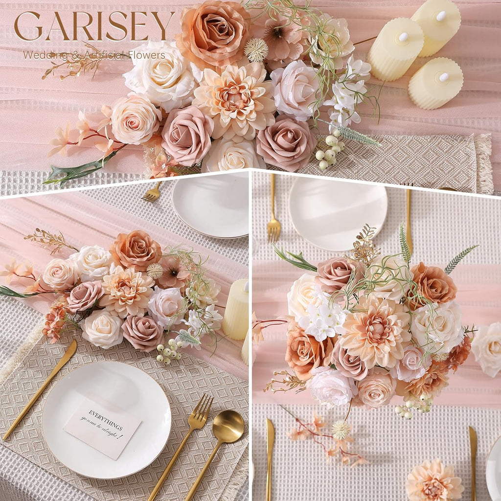 Artificial Flowers Combo, Mix Silk Flowers Roses, Peonies, Dahlias with Stems for DIY Wedding Bridal Bouquet, Baby Shower, Table Centerpieces, Home Decor, Fake Floral Arrangements-Boho Nude