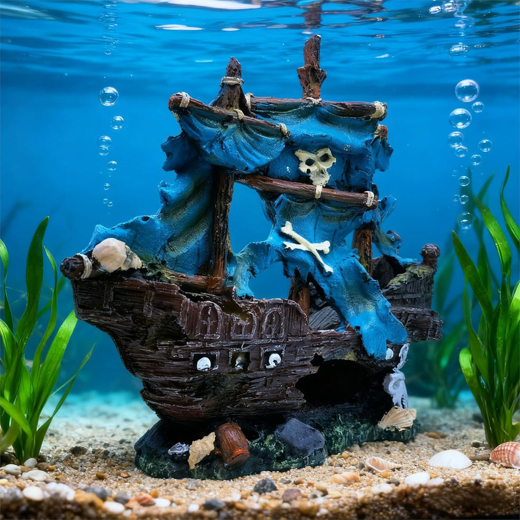 Blue Pirate Shipwreck Decoration for Aquariums, Fish Tank Ornaments, Fish Tank Hiding Place