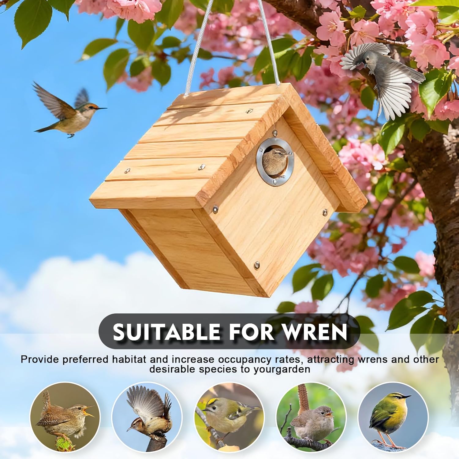 Gtongoko 1-1/8" Entrance Hole Wren House, Hanging Wren Bird Houses for Outside for Nesting with Metal Guar Bird Nest with Air Vents, Clean Door for Wildbird Watching 1 Pack