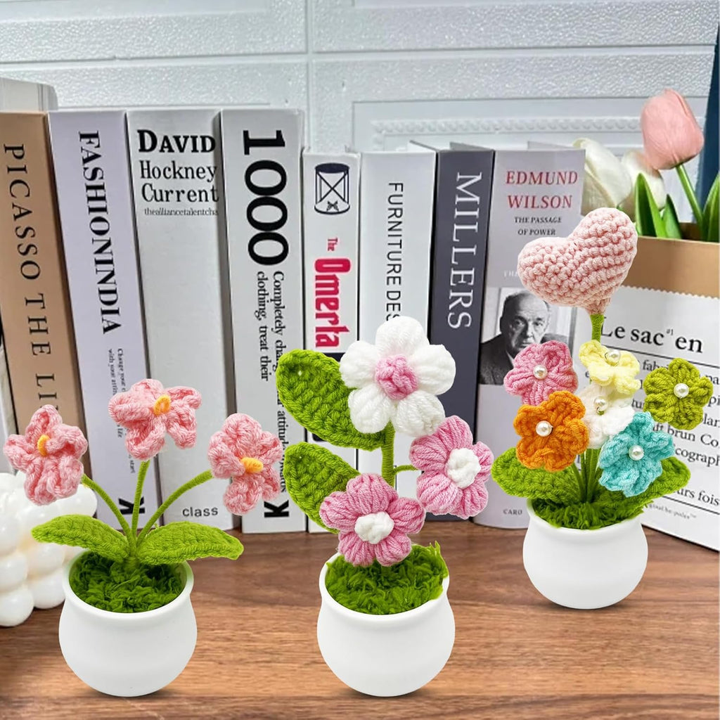 3pcs Crochet Flowers Cute Potted Flower,Mini Flower Bouquet for Mom Wife, Cute Desk Decor for Women,Artificial Handmade Flowers for Car Dashboard,Home Office Decoration (Color#8)