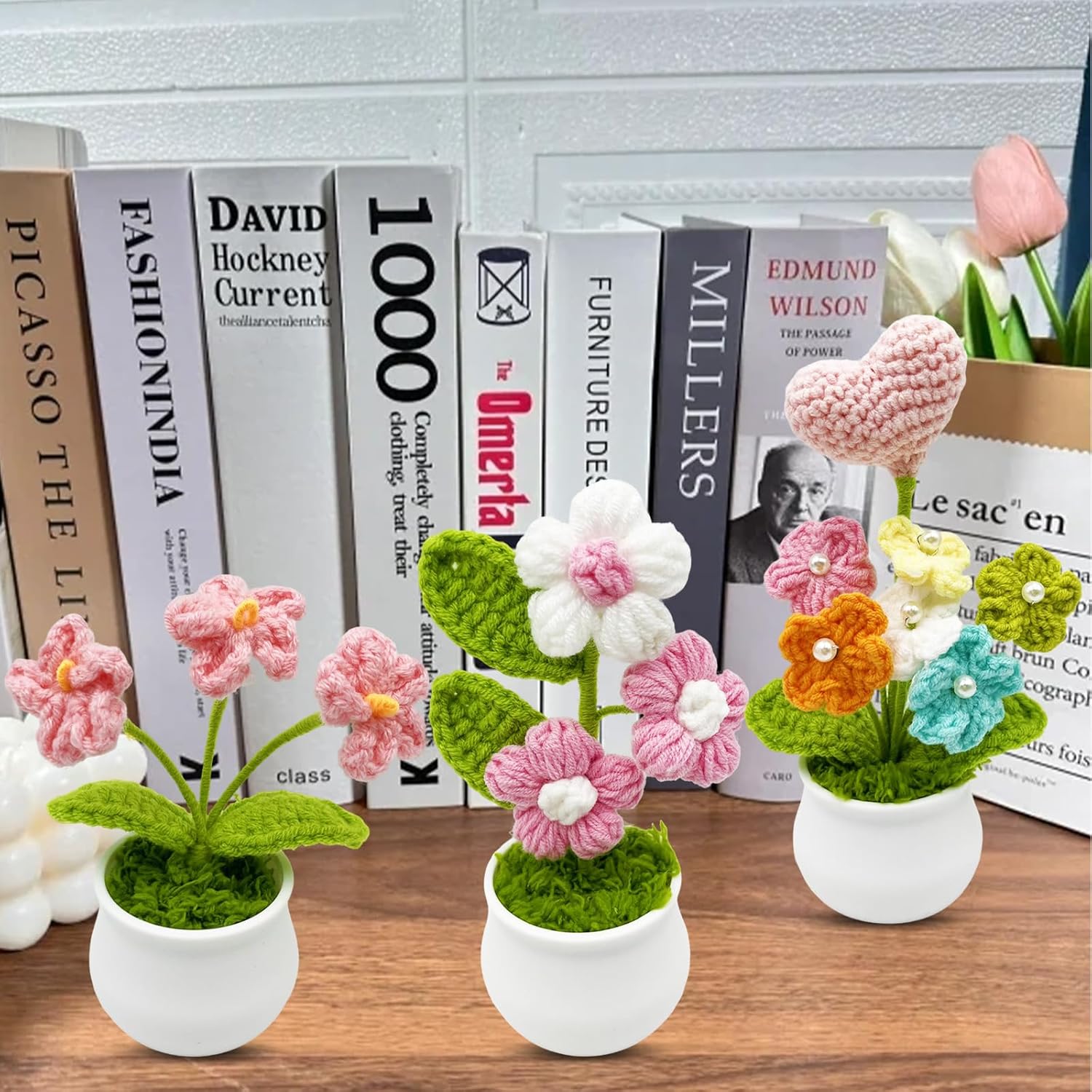 3pcs Crochet Flowers Cute Potted Flower,Mini Flower Bouquet for Mom Wife, Cute Desk Decor for Women,Artificial Handmade Flowers for Car Dashboard,Home Office Decoration (Color#8)